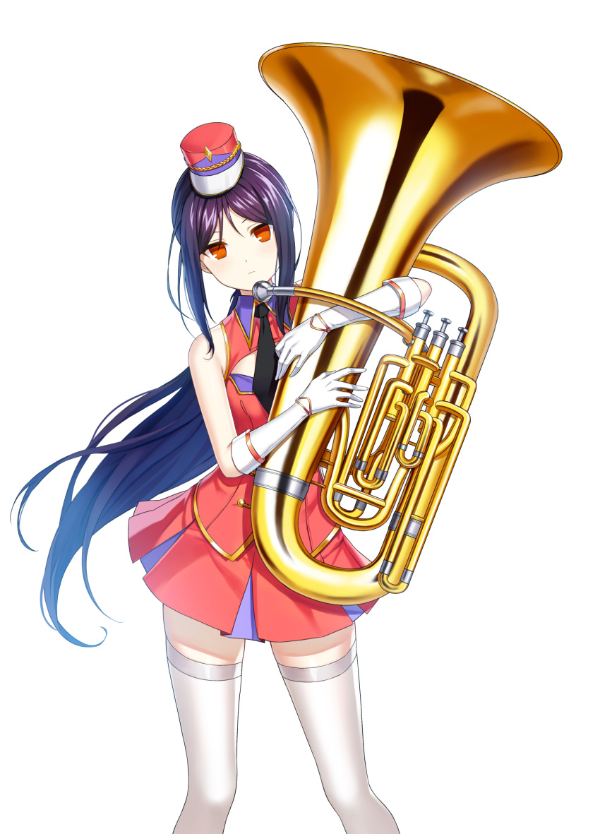 1girl alternate_hair_color band_uniform bare_shoulders black_necktie breasts buttons cleavage_cutout closed_mouth closers clothing_cutout collared_jacket double-breasted euphonium expressionless feet_out_of_frame fold-over_gloves gloves hat head_tilt highres holding holding_instrument hugging_object instrument jacket legs_apart long_hair looking_at_viewer marching_band mini_shako_cap miniskirt necktie no_pupils official_art orange_eyes parted_bangs pleated_skirt ponytail purple_hair red_headwear red_jacket red_skirt shako_cap sidelocks skirt sleeveless sleeveless_jacket small_breasts solo standing thighhighs tina_(closers) uniform very_long_hair white_background white_gloves white_thighhighs wing_collar zettai_ryouiki