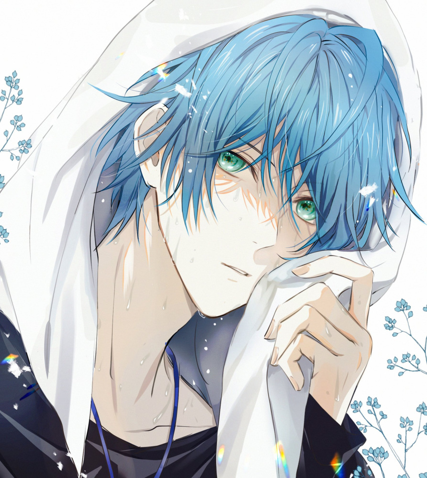 1boy bishounen black_shirt blue_flower blue_hair dripping english_commentary expressionless flower green_eyes hair_between_eyes highres holostars holostars_english jewelry light_blue_hair looking_at_viewer male_focus necklace parted_lips portrait regis_altare shin_diena shirt short_hair solo towel towel_on_head virtual_youtuber water wet wet_hair