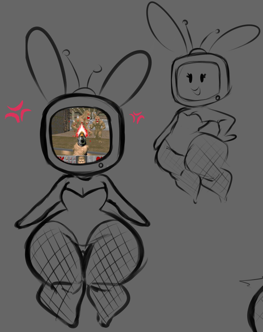 2024 absurd_res angry breasts bunny_costume chibi cleavage clothed clothing costume cross-popping_vein cumlord doom_(series) electronics eyelashes fake_ears fake_rabbit_ears female fishnet flat_chested for_a_head hand_on_hip happy hi_res humanoid id_software minerva_(lola_the_gardevoir) monochrome object_head roblox screen screen_face screen_head sketch solo tagme television thick_thighs tv_head