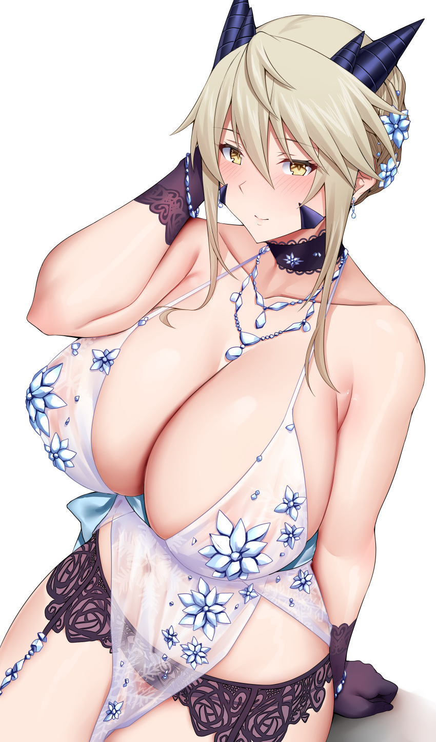 1girl absurdres arind_yudha artoria_pendragon_(fate) artoria_pendragon_(lancer_alter)_(fate) artoria_pendragon_(lancer_alter)_(royal_icing)_(fate) babydoll bare_shoulders black_gloves blonde_hair blue_babydoll blush braid breasts choker cleavage collarbone fate/grand_order fate_(series) french_braid garter_belt gloves hair_between_eyes highres horns jewelry large_breasts long_hair looking_at_viewer necklace pelvic_curtain see-through sidelocks snowflake_print solo yellow_eyes