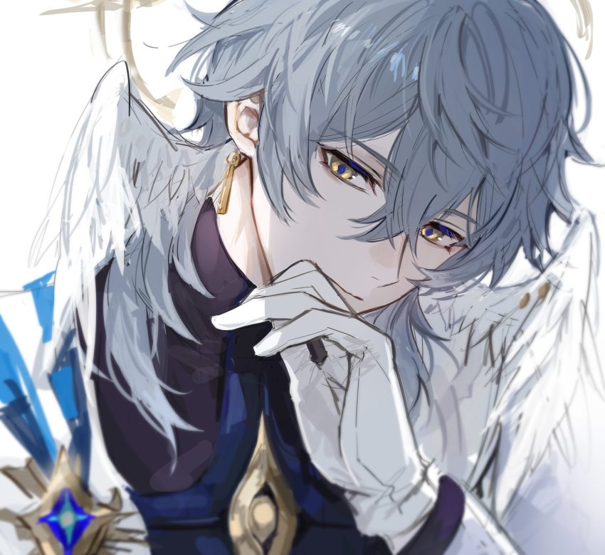 1boy closed_mouth earrings fractalmagnolia gloves grey_hair hair_between_eyes head_wings highres honkai:_star_rail honkai_(series) jewelry looking_at_viewer male_focus portrait short_hair solo sunday_(honkai:_star_rail) white_gloves white_wings wings yellow_eyes