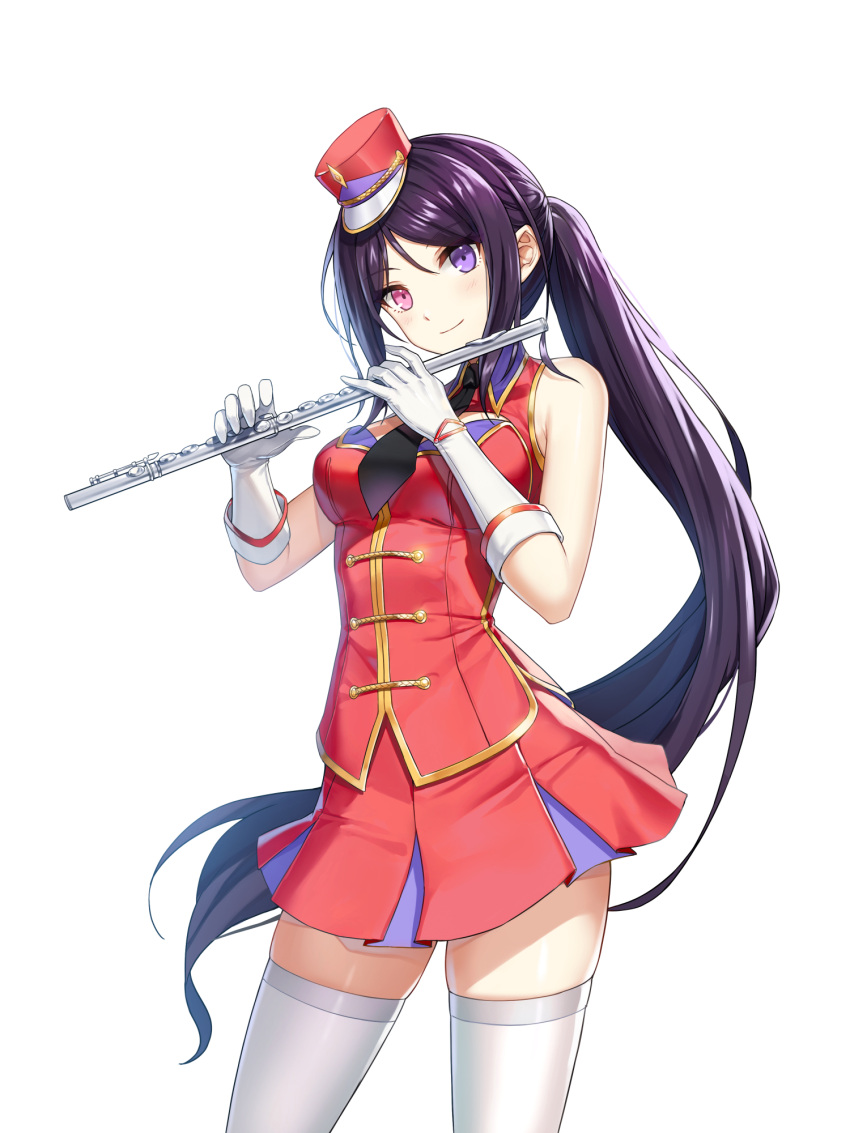 1girl alternate_hair_color bai_winchester band_uniform bare_shoulders black_necktie breasts buttons cleavage_cutout closers clothing_cutout collared_jacket cowboy_shot double-breasted flute fold-over_gloves gloves hands_up hat head_tilt heterochromia highres holding holding_flute holding_instrument instrument jacket legs_apart long_hair looking_at_viewer marching_band medium_breasts mini_shako_cap miniskirt necktie official_art parted_bangs pink_eyes pleated_skirt ponytail purple_eyes purple_hair red_headwear red_jacket red_skirt shako_cap sidelocks skirt sleeveless sleeveless_jacket smile solo standing thighhighs transverse_flute very_long_hair white_background white_gloves white_thighhighs zettai_ryouiki