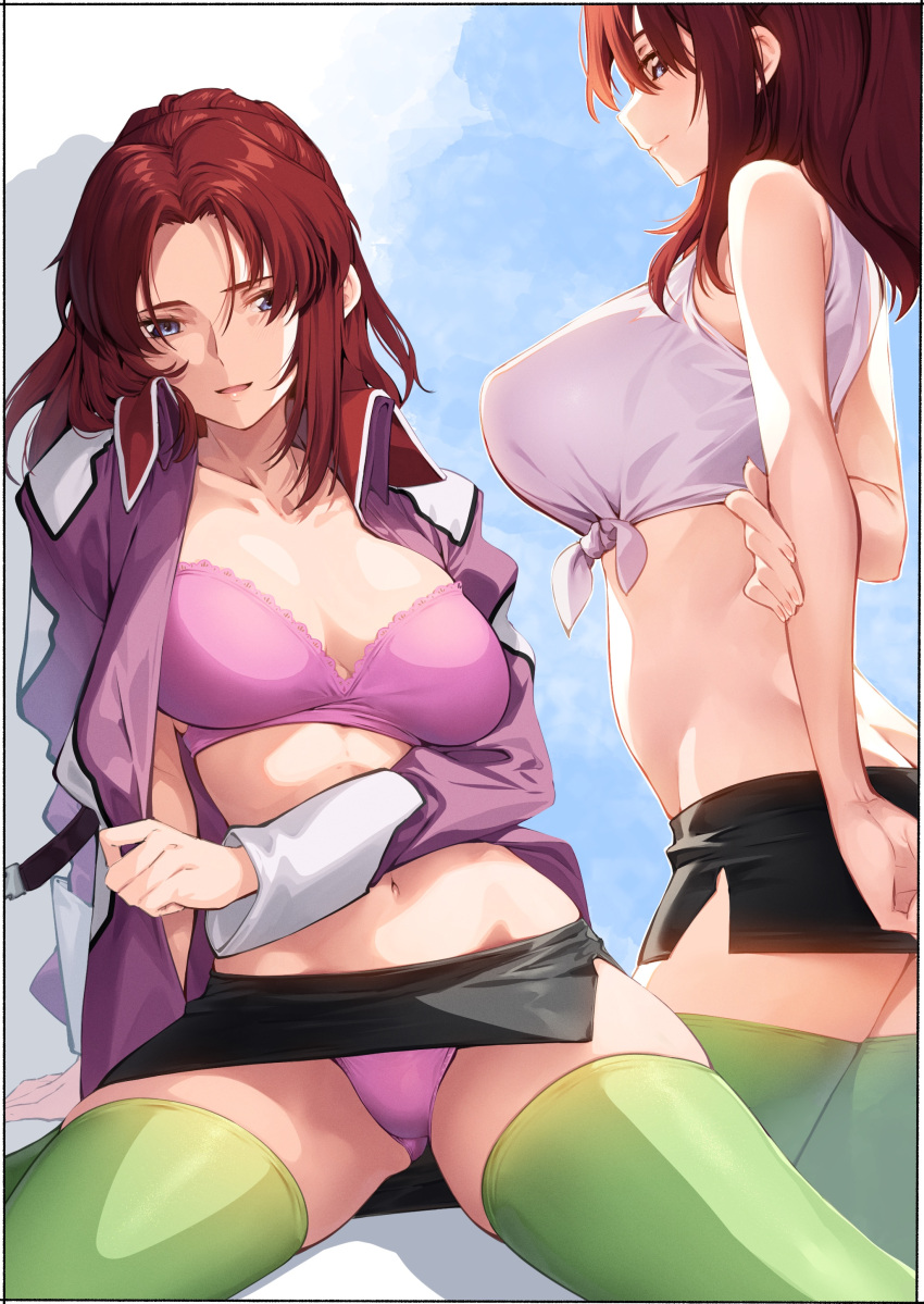 1girl absurdres arm_behind_back arm_support black_skirt blue_eyes blue_sky bra breasts butt_crack closed_mouth cloud cloudy_sky commentary_request crop_top flay_allster green_thighhighs gundam gundam_seed highres jacket kei_(soundcross) large_breasts long_sleeves looking_at_viewer microskirt multiple_views navel open_clothes open_jacket open_mouth panties parted_bangs pink_bra pink_jacket pink_panties red_hair shirt side_slit sitting skirt sky smile standing stomach thighhighs tied_shirt underwear white_shirt