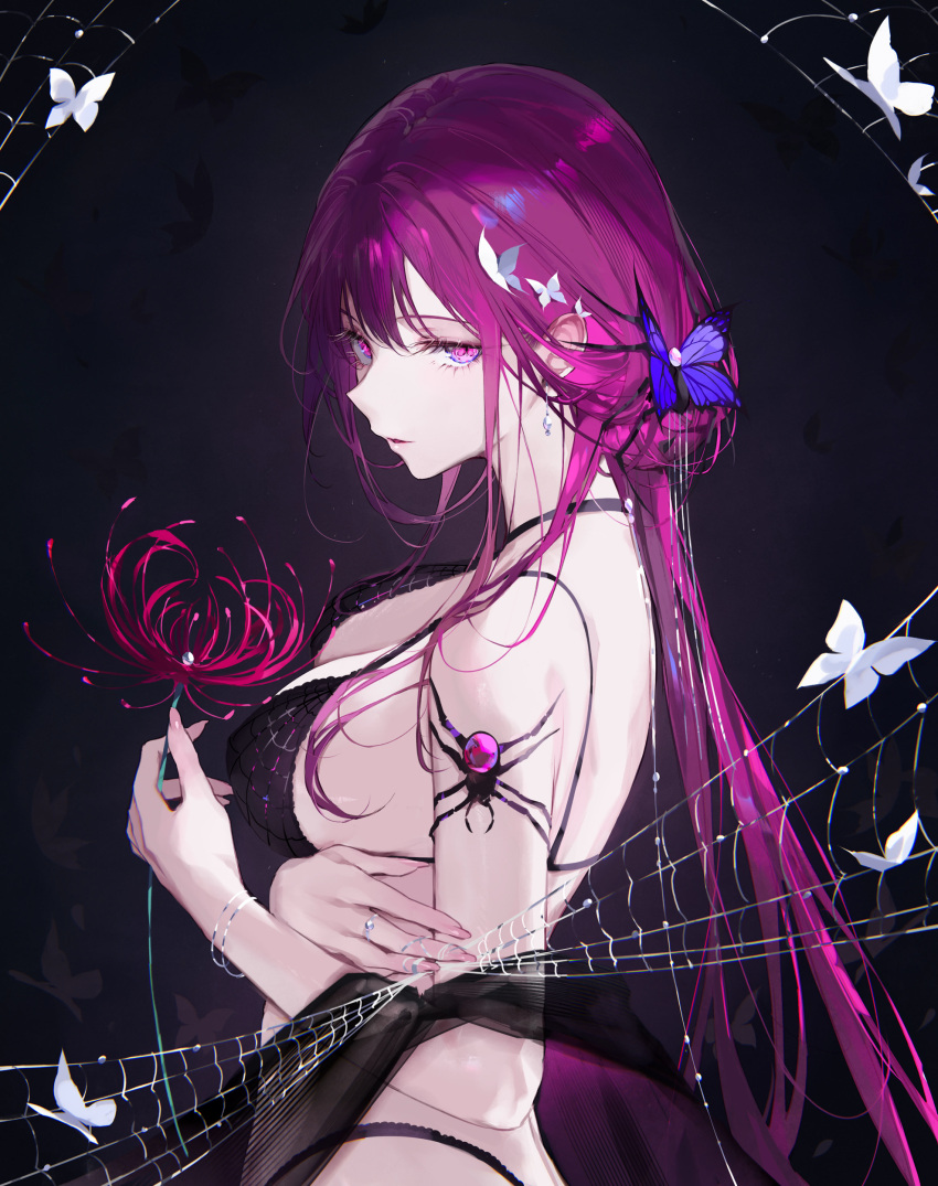 1girl absurdres alternate_costume arm_under_breasts bare_shoulders black_background black_bra black_choker black_panties bra bracelet butterfly_hair_ornament choker commentary_request earrings flower from_side hair_ornament highres holding holding_flower honkai:_star_rail honkai_(series) jewelry kafka_(honkai:_star_rail) long_hair looking_at_viewer looking_to_the_side panties parted_lips partial_commentary purple_eyes purple_hair qiandaiyiyu ring silk solo spider_web underwear upper_body