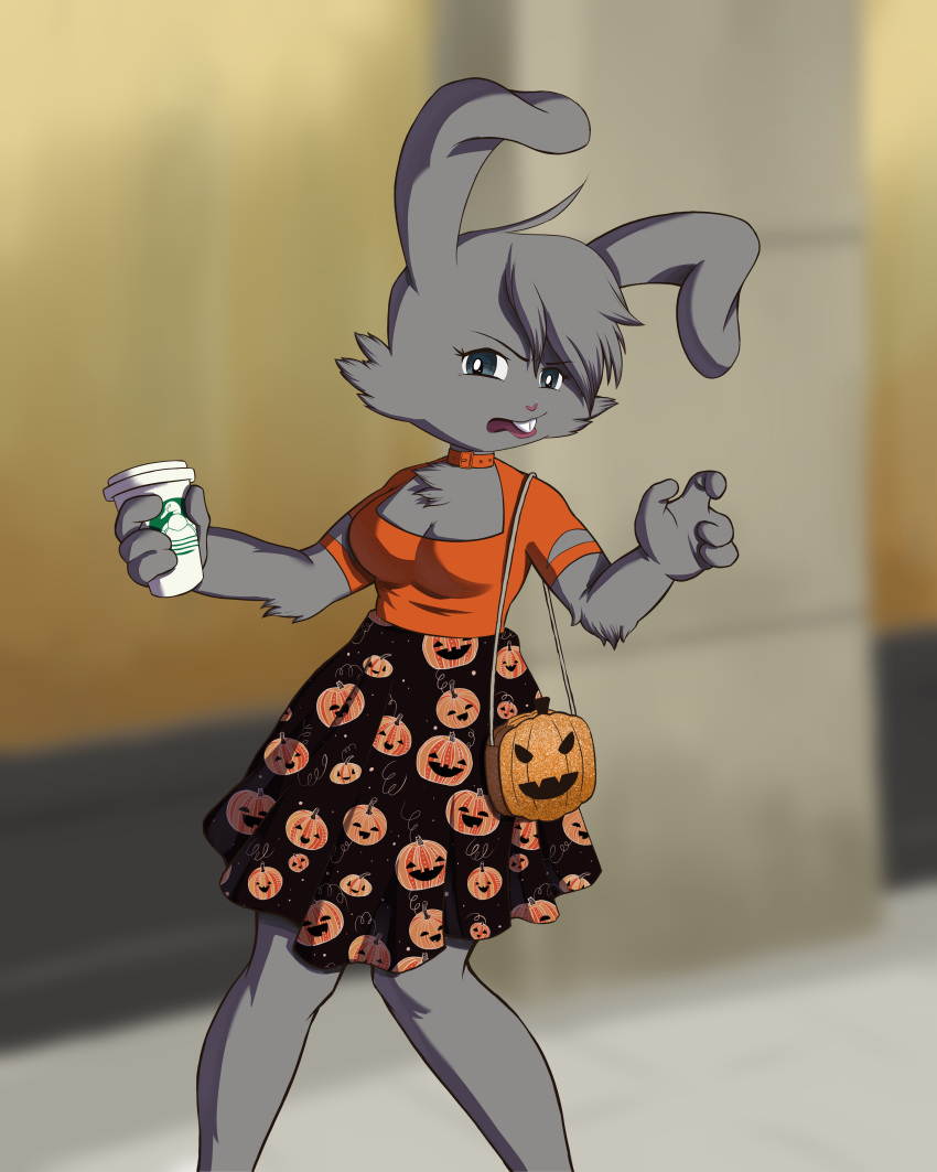 absurd_res anthro artdcora blurred_background bottomwear breasts buckteeth cheek_tuft chest_tuft cleavage clothed clothing coffee_cup container cora_hanson cup facial_tuft female food fruit fur grey_body grey_fur grossed_out gynomorph halloween_theme hi_res holiday_clothing intersex jack-o'-lantern lagomorph leporid mammal plant pumpkin rabbit skirt solo teeth tongue tongue_out tricksy_(artdcora) tuft