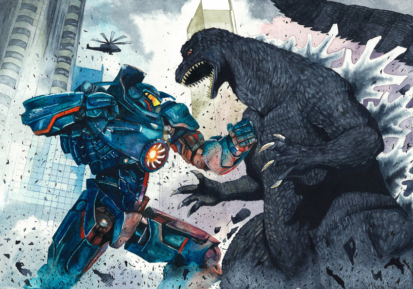 battle crossover duel gipsy_danger godzilla godzilla_(series) helicopter hion_s kaijuu mecha monster no_humans open_mouth pacific_rim red_eyes science_fiction super_robot tail traditional_media