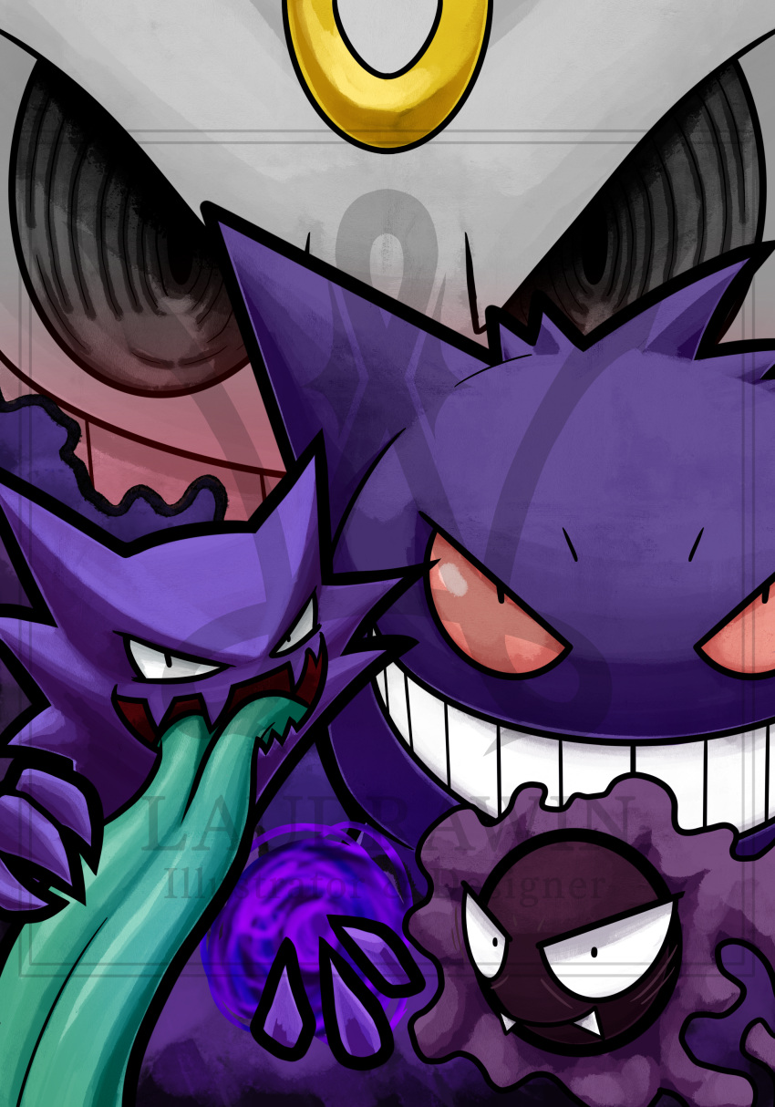 absurd_res ambiguous_gender digital_media_(artwork) female feral generation_1_pokemon generation_3_pokemon gengar ghastly haunter hi_res humanoid illustration laudrawin male mega_evolution mega_gengar nintendo pokemon pokemon_(species) purple_body red_eyes shiny_(disambiguation) shiny_pokemon simple_background smile spirit tongue tongue_out