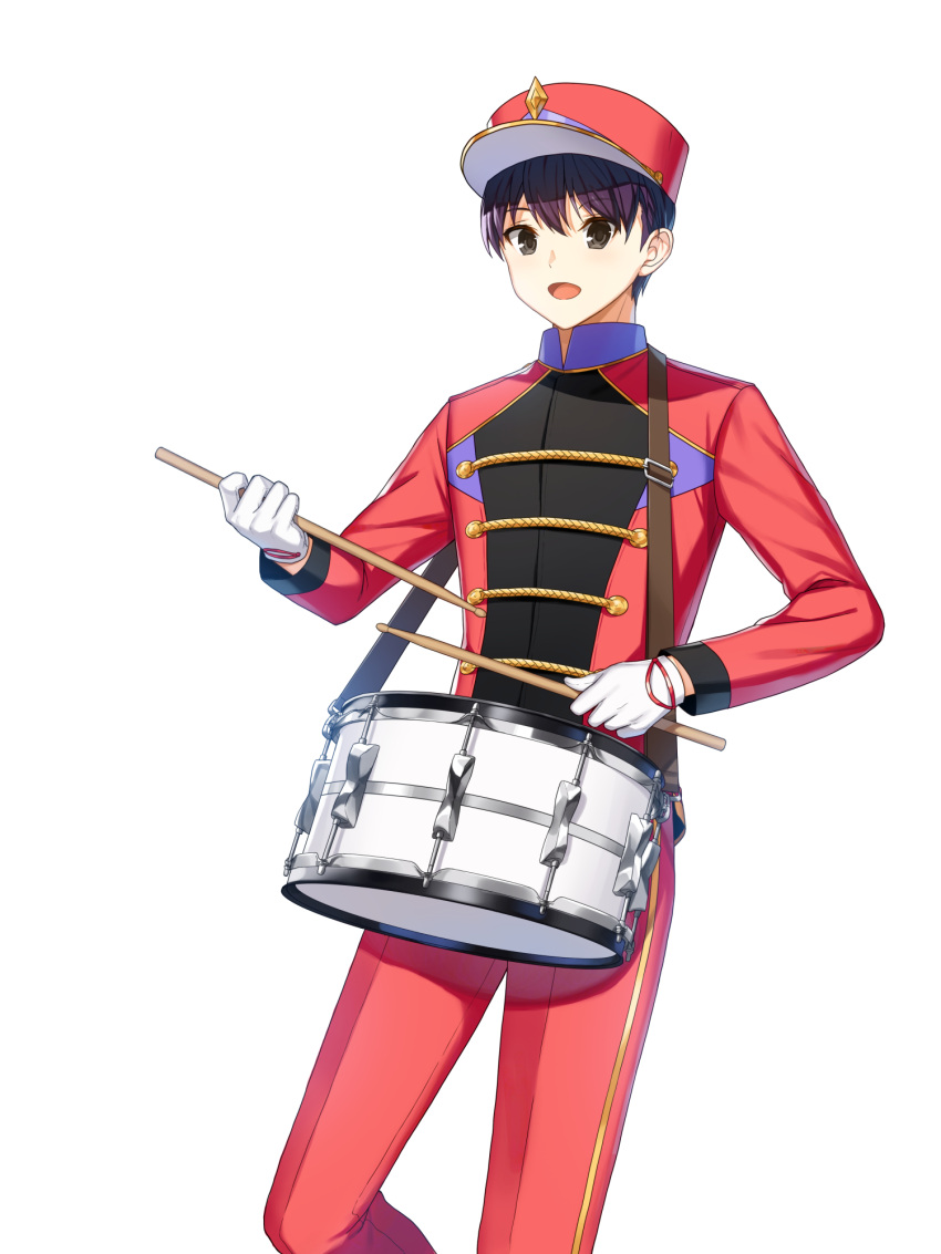 1boy alternate_hair_color band_uniform black_eyes buttons closers collared_jacket cowboy_shot double-breasted drumsticks gloves hat high_collar highres holding holding_drumsticks jacket leg_up long_sleeves looking_at_viewer male_focus marching_band official_art open_mouth pants purple_hair red_headwear red_jacket red_pants seha_lee shako_cap short_hair single_vertical_stripe snare_drum solo standing standing_on_one_leg uniform white_background white_gloves