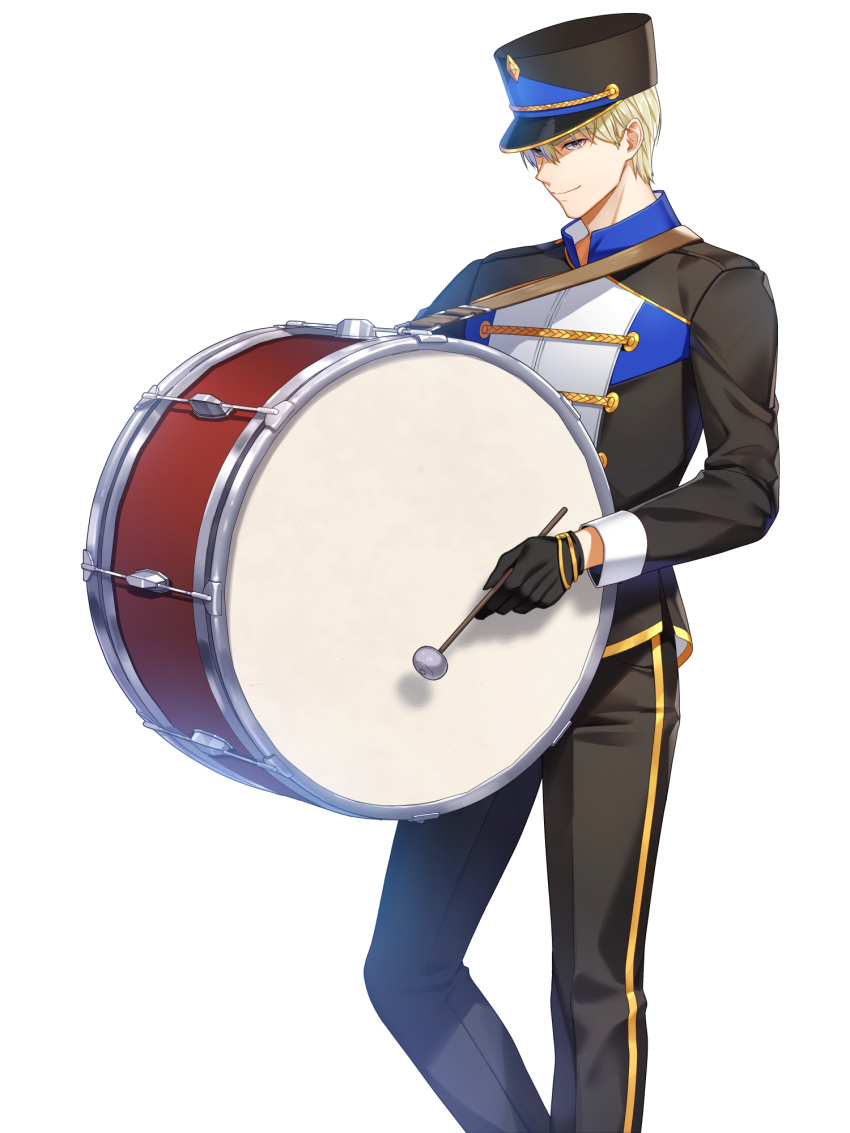 1boy alternate_hair_color band_uniform bass_drum black_gloves black_headwear black_jacket black_pants blonde_hair buttons closed_mouth closers collared_jacket double-breasted drumsticks feet_out_of_frame gloves grey_eyes hat high_collar highres holding holding_drumsticks j_(closers) jacket long_sleeves looking_at_viewer male_focus marching_band official_art pants shako_cap short_hair single_vertical_stripe smile solo standing uniform white_background