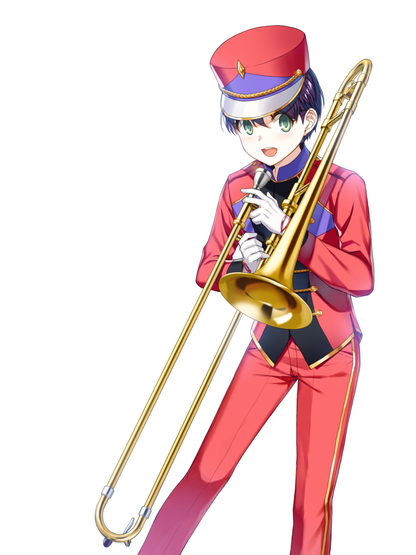1boy :d alternate_hair_color band_uniform buttons closers collared_jacket double-breasted feet_out_of_frame gloves green_eyes hand_up hat high_collar highres holding holding_instrument holding_trombone instrument jacket leaning_forward legs_apart long_sleeves looking_at_viewer looking_to_the_side male_focus marching_band mistilteinn_(closers) official_art pants purple_hair red_headwear red_jacket red_pants shako_cap short_hair single_vertical_stripe smile solo standing teeth trombone uniform upper_teeth_only white_background white_gloves