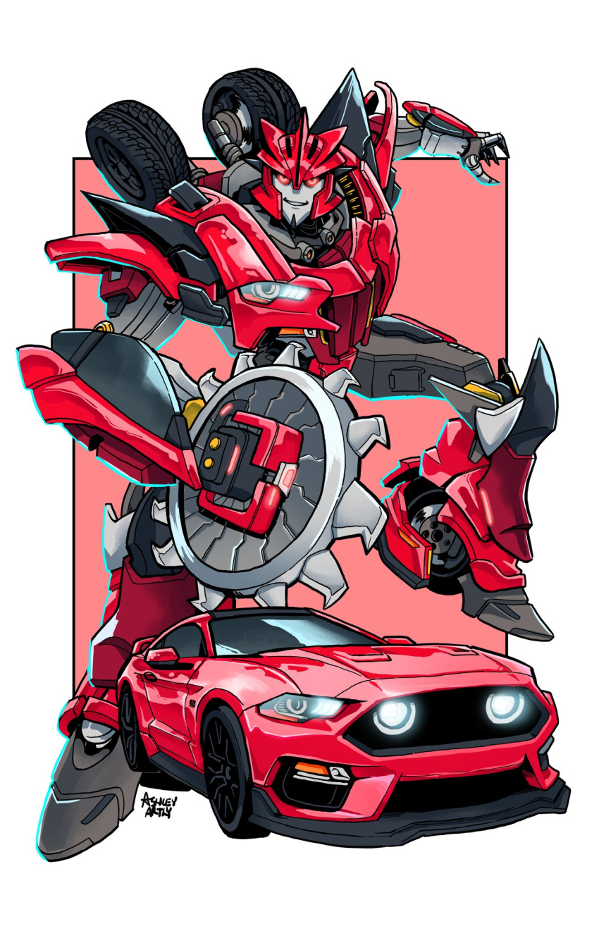 artist_name ashley_artly border car circular_saw commission decepticon english_commentary ford ford_mustang highres knockout_(transformers) looking_at_viewer mecha motor_vehicle muscle_car open_hand outside_border parted_lips red_background red_eyes redesign robot saw smile solo spoiler_(automobile) transformers transformers_prime wheel white_border