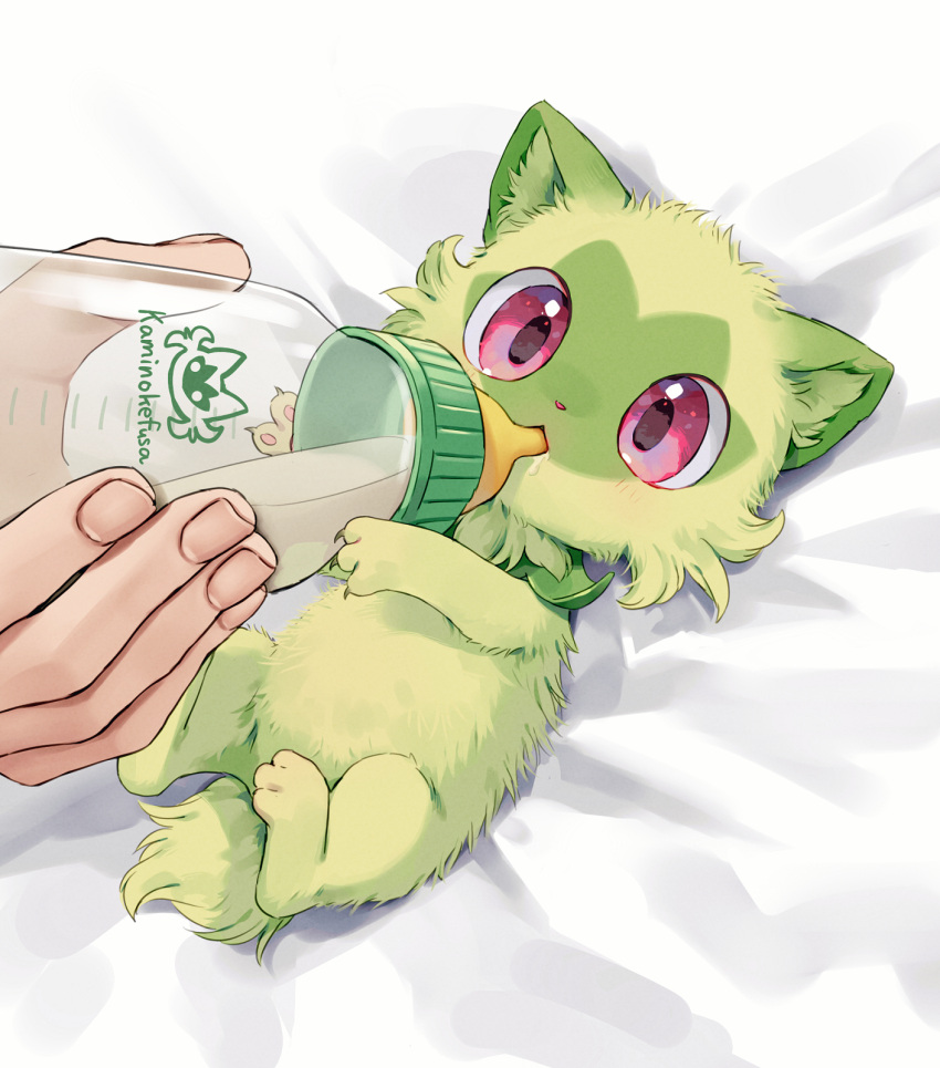 1other artist_name baby_bottle bed_sheet blush bottle claws commentary_request drinking fingernails highres holding holding_bottle kaminokefusa lying milk on_back pokemon pokemon_(creature) red_eyes solo_focus sprigatito