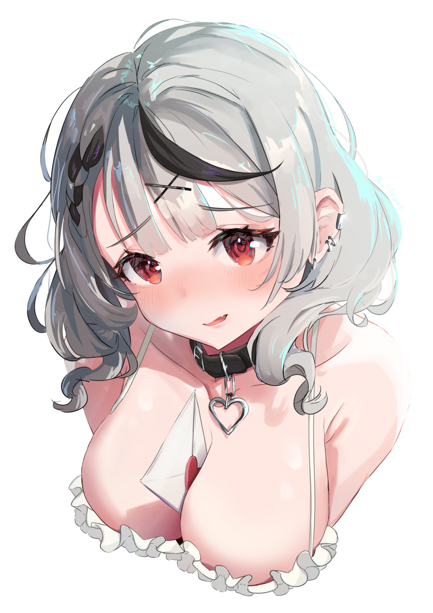 1girl animal_collar between_breasts black_collar black_hair braid breasts camisole close-up collar collarbone earrings frilled_camisole frills grey_hair hair_ornament heart heart-shaped_pupils heart_collar heart_in_eye highres hololive jewelry large_breasts letter lil_noot love_letter multicolored_hair parted_lips red_eyes sakamata_chloe sakamata_chloe_(1st_costume) solo streaked_hair symbol-shaped_pupils symbol_in_eye upper_body valentine virtual_youtuber white_camisole x_hair_ornament