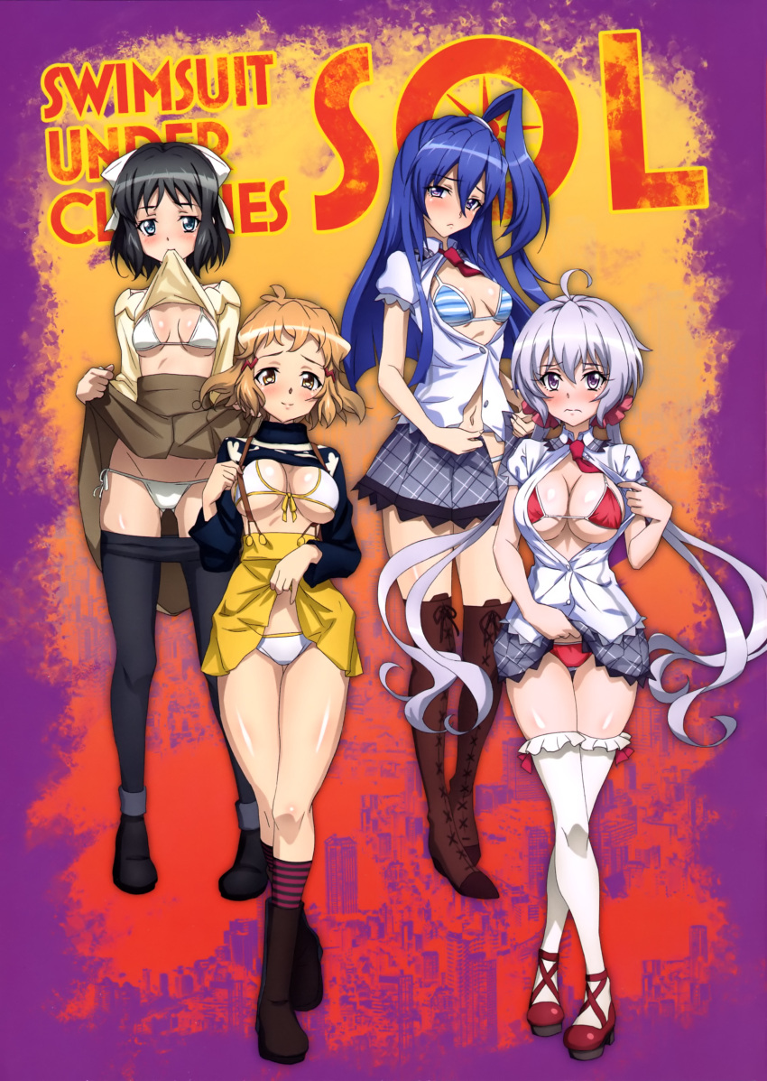 4girls absurdres alternate_breast_size bare_legs bikini bikini_under_clothes black_footwear black_pantyhose blonde_hair blue_hair blush boots breasts brown_footwear brown_hair checkered_clothes checkered_skirt closed_mouth clothes_in_mouth clothes_lift clothes_pull embarrassed english_text fujikawa_daichi grey_hair grey_skirt groin hair_between_eyes highres kazanari_tsubasa kohinata_miku large_breasts lifted_by_self long_hair looking_at_viewer multiple_girls navel necktie non-web_source pantyhose pantyhose_pull partially_unbuttoned platform_footwear platform_heels red_bikini red_footwear red_necktie school_uniform senki_zesshou_symphogear shirt shirt_lift short_hair skirt skirt_lift small_breasts smile striped_bikini striped_clothes swimsuit tachibana_hibiki_(symphogear) thigh_boots thighs wavy_mouth white_bikini white_shirt yellow_skirt yukine_chris