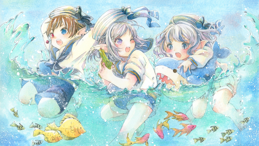 1boy 2girls absurdres arms_up barefoot black_neckerchief blue_eyes blue_shorts blue_sky brown_hair commission eyelashes final_fantasy final_fantasy_xiv fish grey_eyes hat heterochromia highres holding holding_water_gun lalafell long_sleeves multiple_girls neckerchief oekaki_rabbits one_eye_closed open_mouth painting_(medium) partially_submerged pointy_ears purple_eyes red_eyes sailor sailor_collar sailor_hat shorts skeb_commission sky stuffed_animal stuffed_shark stuffed_toy traditional_media water_gun watercolor_(medium) white_shorts