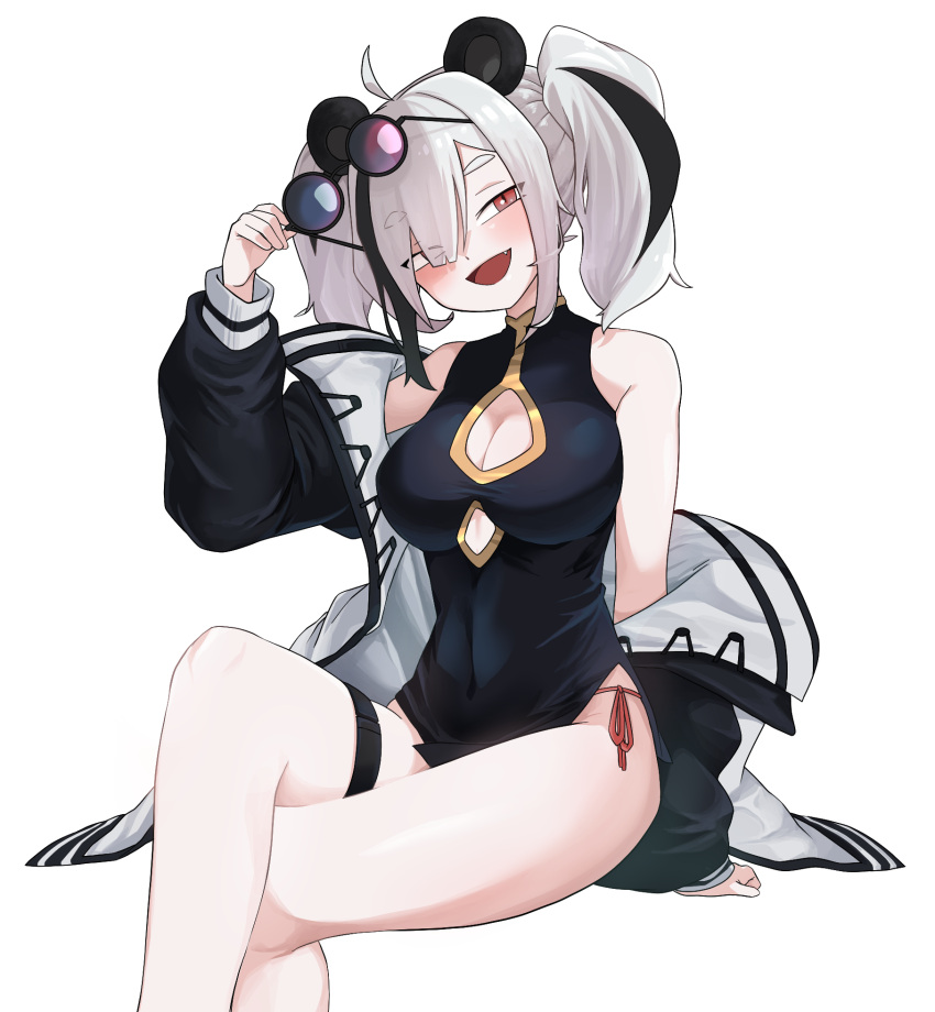 1girl animal_ears arknights arm_support bare_legs black_dress black_hair black_jacket blush breasts chinese_clothes cleavage_cutout clothing_cutout commentary_request cowboy_shot dress feater_(arknights) hair_over_one_eye head_tilt highres jacket korean_commentary large_breasts looking_at_viewer multicolored_hair open_mouth panda_ears panda_girl pelvic_curtain red_eyes removing_eyewear short_twintails sitting smile streaked_hair sunglasses thick_eyebrows thigh_strap thighs tinted_eyewear ttubbip twintails two-sided_fabric two-sided_jacket white_hair white_jacket