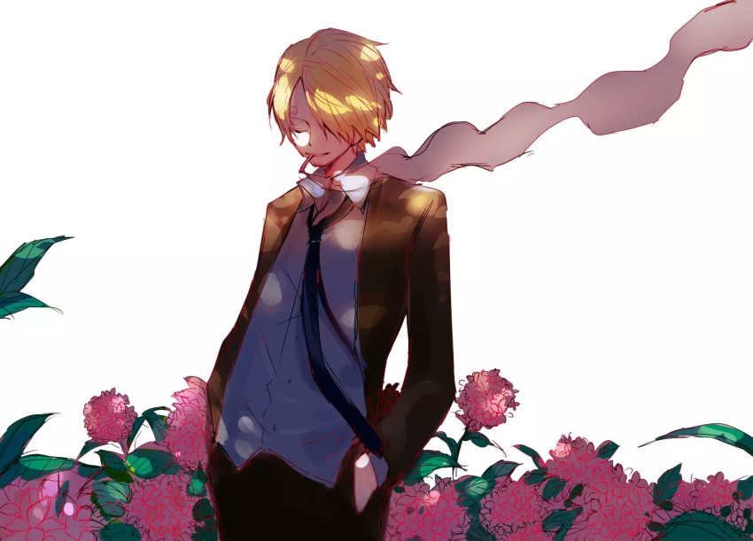 1boy black_jacket black_pants blonde_hair blue_shirt cigarette closed_eyes commentary cowboy_shot curly_eyebrows facial_hair flower goatee hair_over_one_eye hands_in_pockets jacket male_focus necktie one_piece pants sanji_(one_piece) shirt short_hair simple_background smoke solo xx_zslove