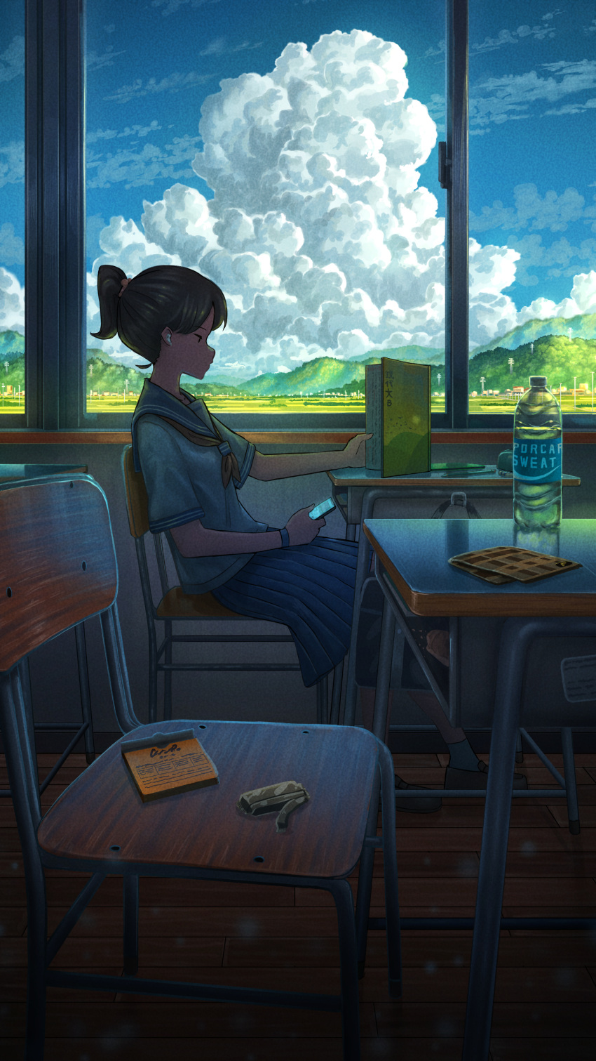 1girl absurdres backlighting black_hair blue_skirt blue_sky book bottle cellphone chair classroom cloud cumulonimbus_cloud day desk field highres holding holding_phone mountainous_horizon original pasoputi phone pocari_sweat ponytail power_lines reflection rural school_chair school_desk school_uniform serafuku shirt short_hair short_sleeves sitting skirt sky smartphone solo summer watch water_bottle white_shirt window wooden_floor wristwatch