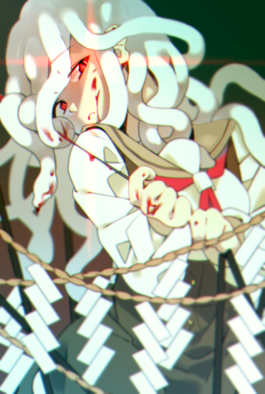 blood blurry depth_of_field gorgon highres kanamex living_hair monogatari_(series) otorimonogatari red_eyes school_uniform sengoku_nadeko short_hair snake snake_hair white_hair