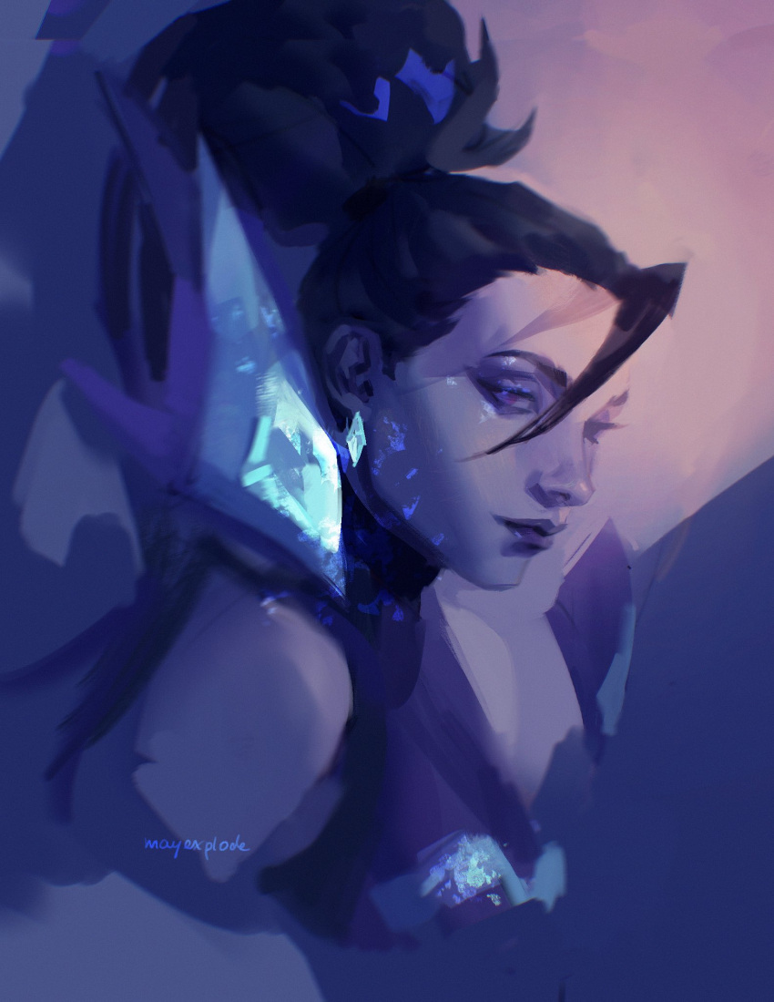 1girl aina_(mayexplode) black_hair close-up closed_mouth crop_top cropped_torso detached_wings highres k/da_all_out_kai'sa kai'sa league_of_legends looking_at_viewer ponytail solo wings