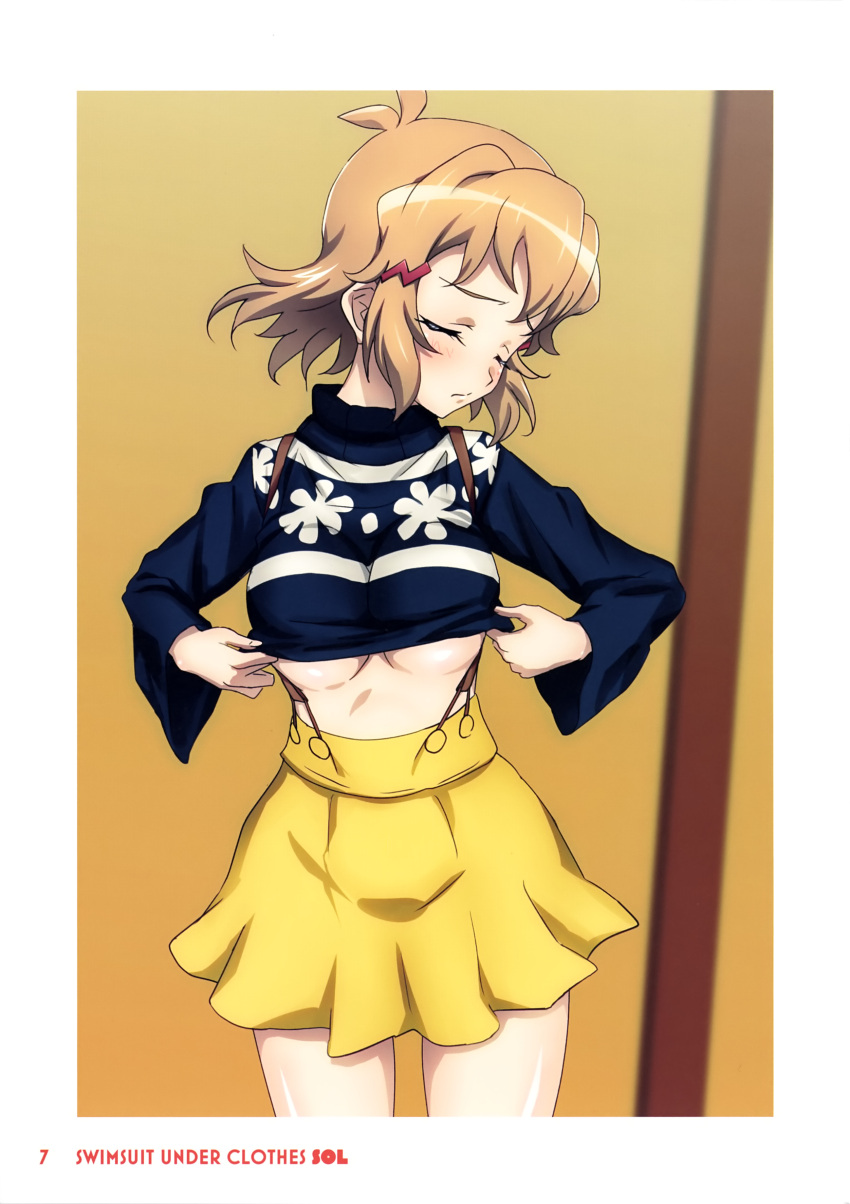 1girl absurdres breasts clothes_lift fujikawa_daichi highres lifted_by_self non-web_source senki_zesshou_symphogear skirt sweater sweater_lift tachibana_hibiki_(symphogear) thighs underboob