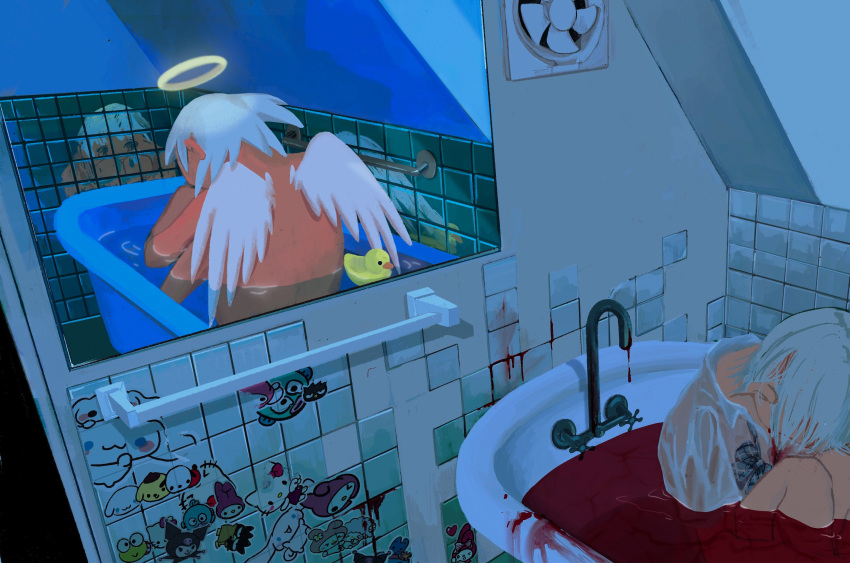 1other absurdres androgynous angel angel_wings bare_legs bathroom blood blood_on_clothes blood_stain character_request chinese_commentary cinnamoroll commentary_request completely_nude congming33 covered_face curled_up different_reflection electric_fan faucet halo head_on_knees hello_kitty highres indoors injury knees_up kuromi my_melody nude original partially_submerged pool_of_blood reflection ripples rubber_duck sanrio see-through see-through_shirt see-through_sleeves shirt short_hair sitting tile_wall tiles white_hair white_shirt white_sleeves white_wings wings yellow_halo