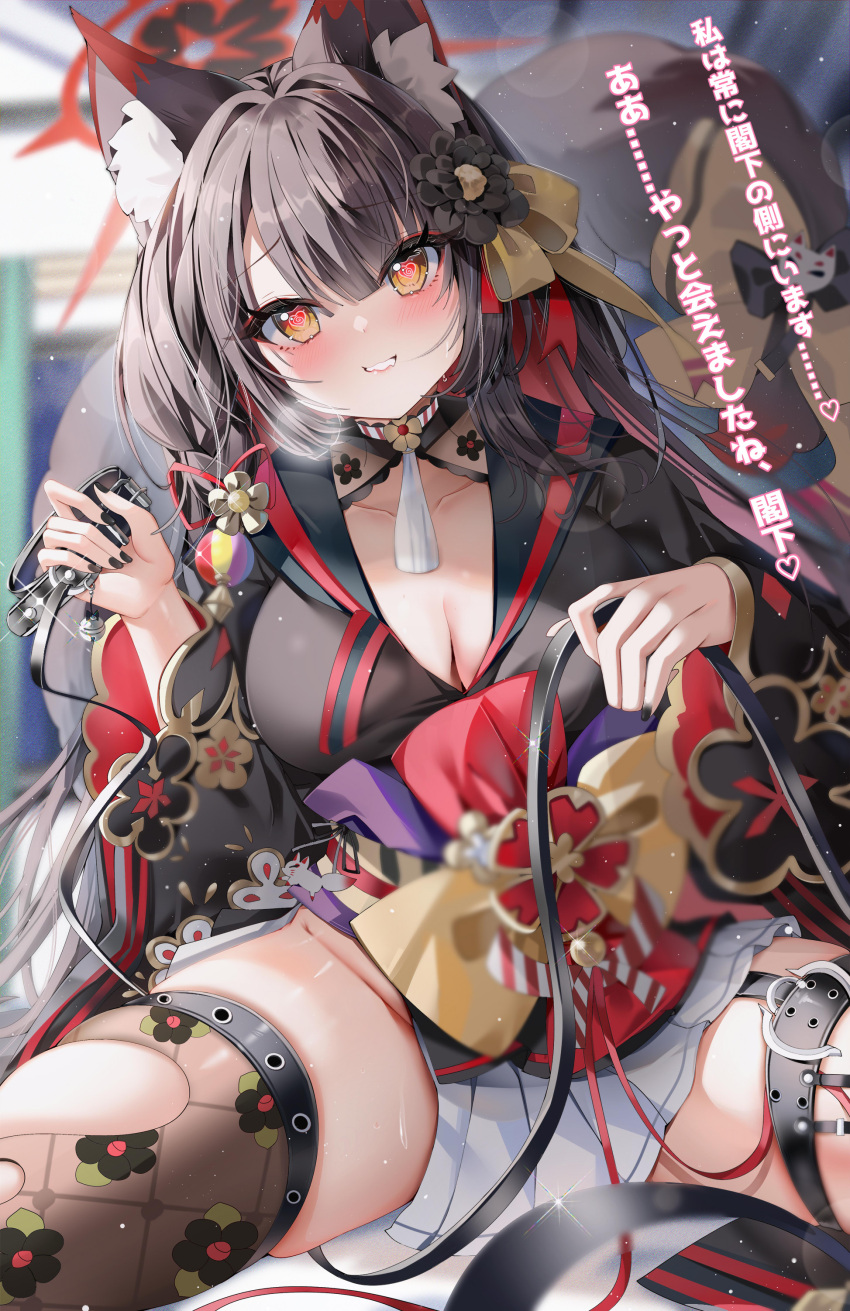 1girl absurdres animal_collar animal_ear_fluff animal_ears arlene_(ju) black_hair black_kimono black_nails black_thighhighs blue_archive blush breasts collar collarbone fingernails fox_ears fox_tail halo highres japanese_clothes kimono large_breasts long_hair looking_at_viewer nail_polish open_mouth red_halo solo tail thighhighs torn_clothes torn_thighhighs wakamo_(blue_archive) yellow_eyes