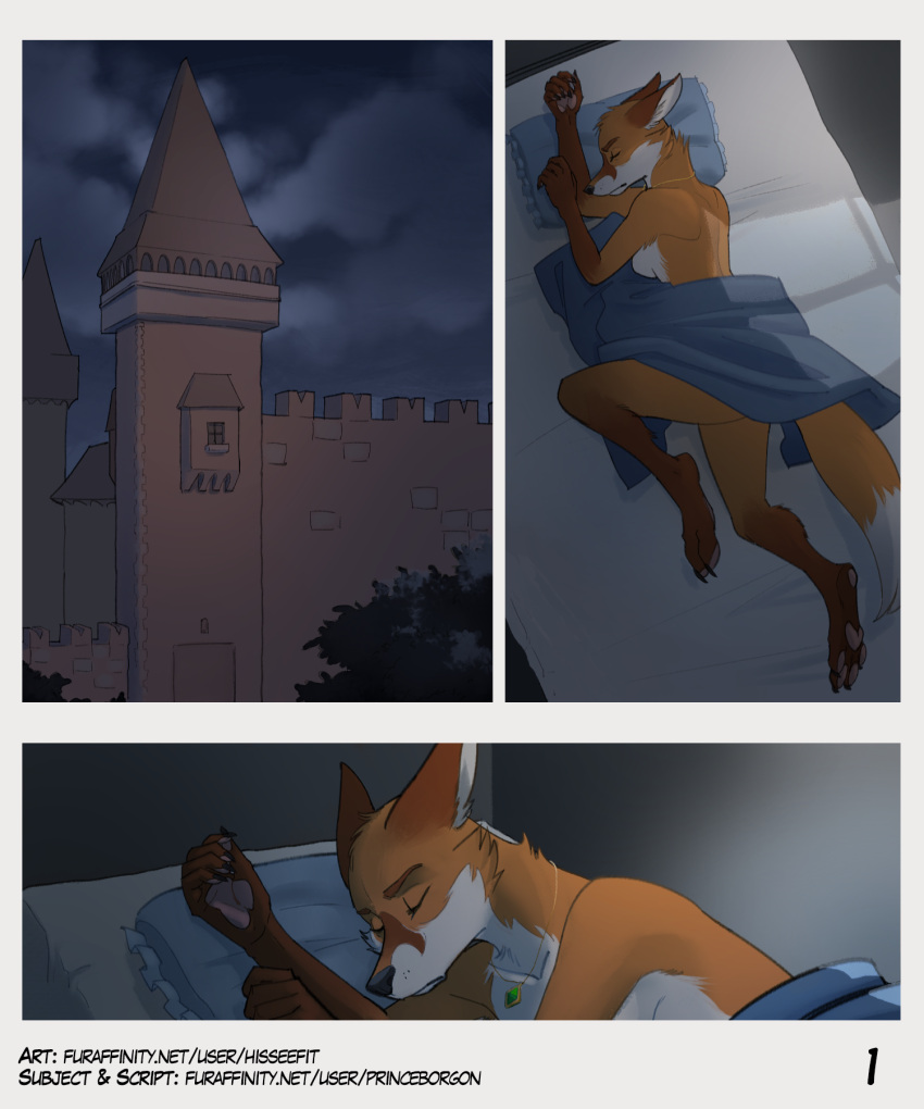5:6 anthro barefoot bed breasts canid canine castle claws comic dialogue emerald_(gem) english_text fangs feet female fox furniture gem hi_res hisseefit magic_user mammal medieval medieval_clothing night nude pawpads pendant pillow plant silva_vernalis sleeping sleeping_nude speech_bubble story story_in_description tail tales_from_valmeridia teeth text tower tree url wall_(structure) window witch