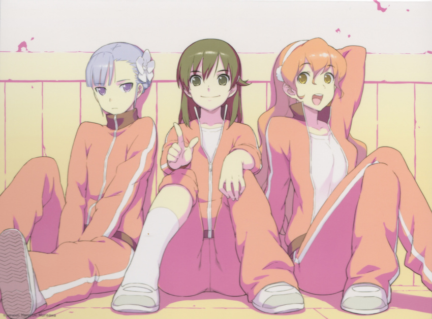 3girls absurdres against_wall arm_behind_head arm_up blue_hair brown_eyes brown_hair collarbone crossed_legs_(sitting) female fin_e_ld_si_laffinty flower hair_between_eyes hair_flower hair_ornament hairband high_collar highres kyouno_madoka legs legs_crossed long_hair looking_at_viewer morisawa_haruyuki muginami multiple_girls official_art open_jacket open_mouth orange_hair pointing purple_eyes resized rinne_no_lagrange scan shoes short_hair sitting smile socks track_jacket track_pants track_suit turtleneck v_arms wallpaper yellow_eyes zipper