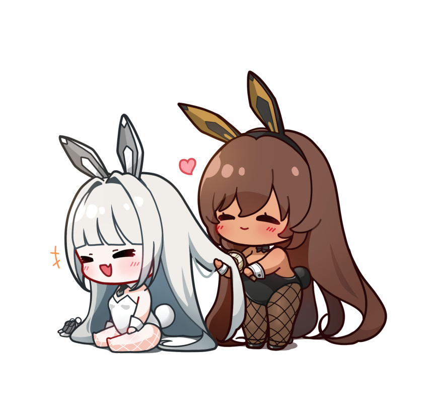 &gt;_&lt; 777_(nikke) :d animal_ear_headwear animal_ears ascot backless_leotard black_ascot black_bow black_bowtie black_leotard blanc_(nikke) blush bow bowtie brown_hair brushing_another's_hair brushing_hair chibi closed_eyes closed_mouth dark-skinned_female dark_skin detached_collar fake_animal_ears fake_tail fang fishnet_pantyhose fishnets goddess_of_victory:_nikke heart highleg highleg_leotard highres leotard noir_(nikke) pantyhose playboy_bunny rabbit_ears rabbit_tail simple_background sitting skin_fang smile standing strapless strapless_leotard tail thong_leotard uz_(uzru0428) white_background white_hair white_leotard wrist_cuffs xd