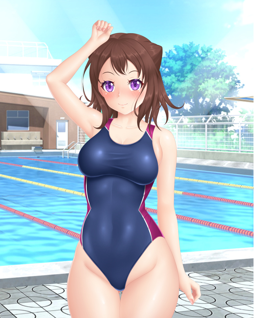 1girl absurdres bang_dream! bench blue_one-piece_swimsuit blue_sky breasts brown_hair cloud competition_swimsuit covered_navel day fence groin highres lane_line medium_breasts one-piece_swimsuit outdoors pochama82 pool poolside purple_eyes short_hair sky solo swimsuit thigh_gap toyama_kasumi tree