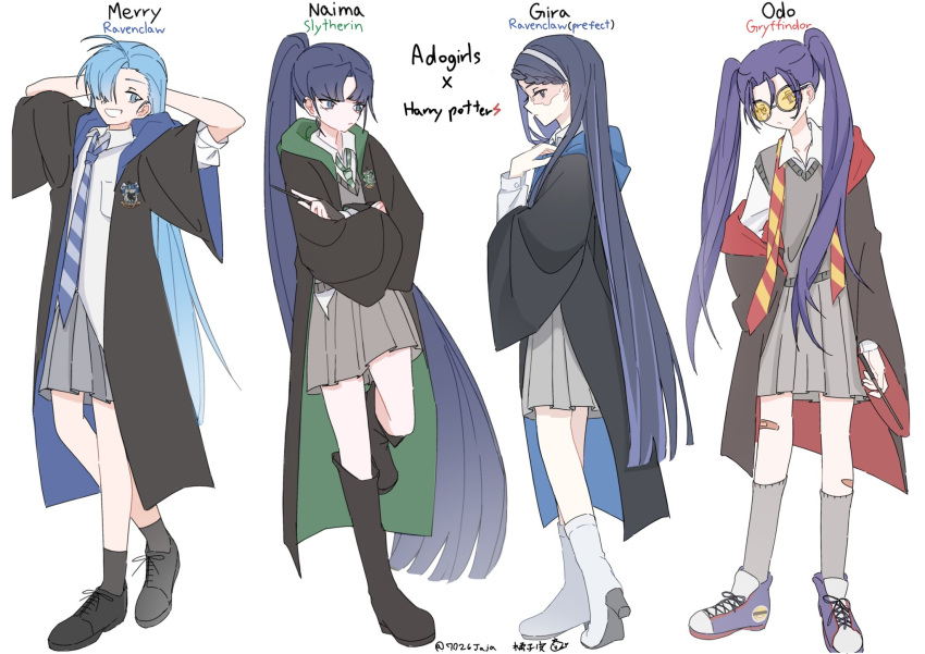 4girls 7026jaja ado_(utaite) ahoge arms_behind_head bandaid bandaid_on_leg black_coat black_socks blue_eyes blue_hair blue_necktie boots braid braided_bangs closed_mouth cloud_nine_inc coat collared_shirt commentary_request crossed_arms full_body gira_gira green_necktie grey_skirt grey_socks grey_sweater_vest gryffindor hair_between_eyes hair_over_one_eye hand_up harry_potter_(series) highres holding holding_wand kneehighs light_blue_hair long_hair long_sleeves looking_at_viewer merry_(ado) multiple_girls naima_(ado) necktie odo_(song) open_clothes open_coat parted_bangs pleated_skirt ponytail ravenclaw readymade_(ado) red_necktie shirt shoes simple_background skirt sleeves_past_elbows slytherin socks sweater_vest tinted_eyewear twintails twitter_username undone_necktie usseewa very_long_hair wand white_background white_footwear white_shirt wizarding_world yellow-tinted_eyewear