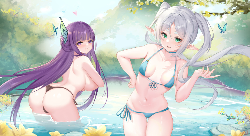 2girls :i aqua_bikini ass bikini black_bikini breasts bug bush butterfly butterfly_hair_ornament collarbone covering_breasts covering_privates fern_(sousou_no_frieren) flower frieren green_eyes grey_hair hair_ornament highres large_breasts long_hair looking_at_viewer multiple_girls nanoda002_(saber427) navel outdoors pointy_ears pond pout purple_eyes purple_hair sidelocks small_breasts smile sousou_no_frieren swimsuit thick_eyebrows topless twintails very_long_hair wading