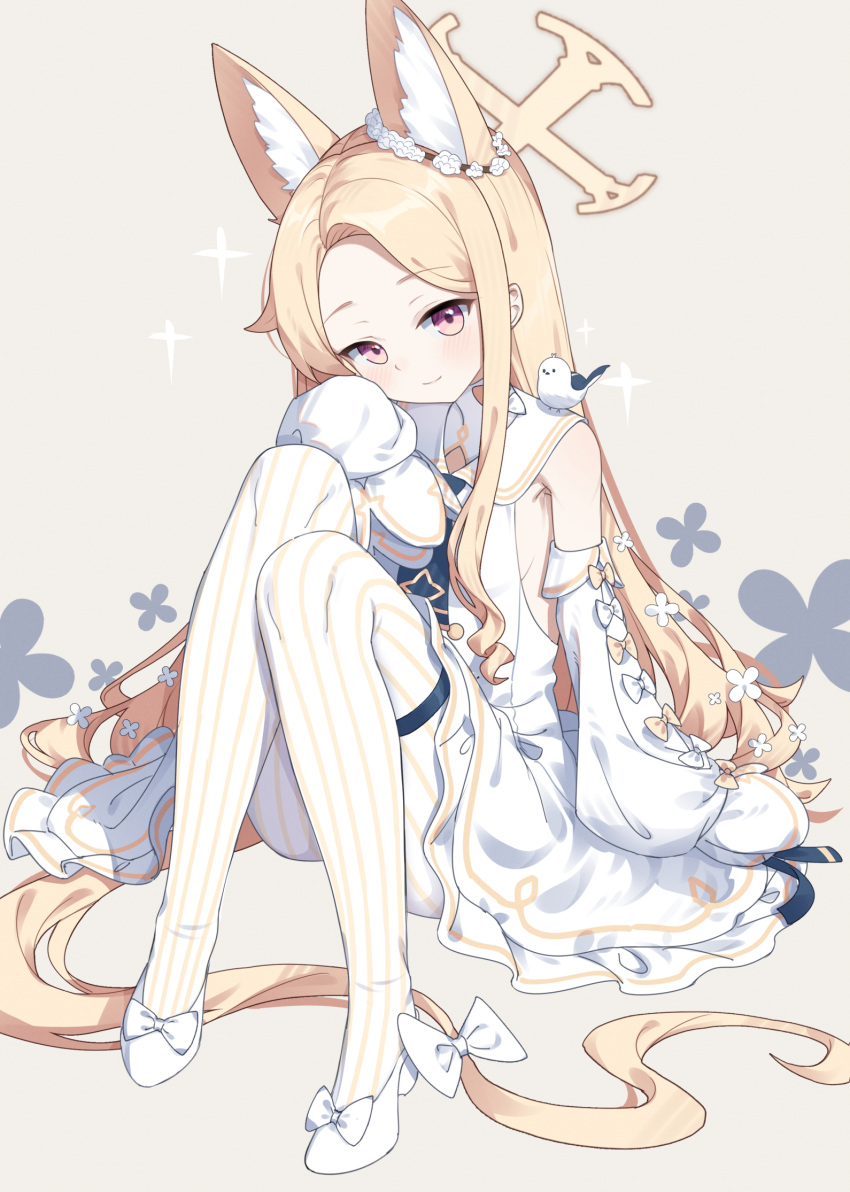 1girl animal animal_ear_fluff animal_ears ass bare_shoulders bird blonde_hair blue_archive blush breasts closed_mouth detached_sleeves dress extra_ears fox_ears full_body grey_background halo high_heels highres long_hair looking_at_viewer pantyhose seia_(blue_archive) simple_background sleeves_past_fingers sleeves_past_wrists small_breasts smile solo striped_clothes striped_pantyhose teallysky vertical-striped_clothes vertical-striped_pantyhose white_bird white_dress white_footwear white_pantyhose white_sleeves wide_sleeves yellow_eyes yellow_halo
