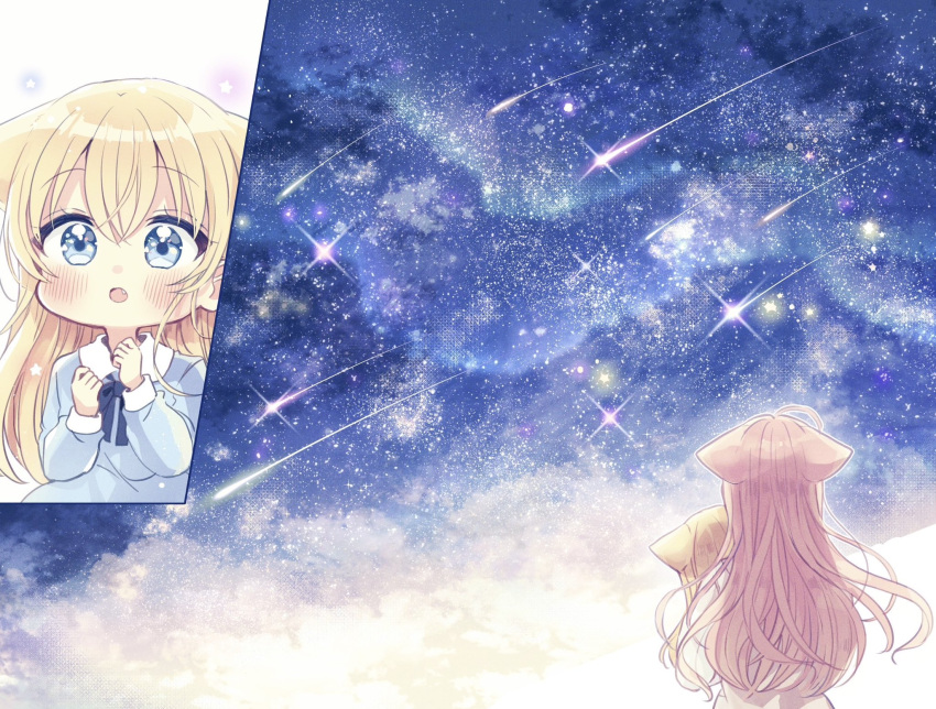 2girls :o animal_ears blonde_hair blue_bow blue_dress blue_eyes bow cat_ears collared_dress commentary_request dress fang fushigi_na_neko_no_machi_meltier hair_between_eyes hands_up highres long_hair long_sleeves mini_person minigirl multiple_girls night night_sky parted_lips pink_hair puffy_long_sleeves puffy_sleeves sakura_oriko shooting_star sky star_(sky) starry_sky very_long_hair