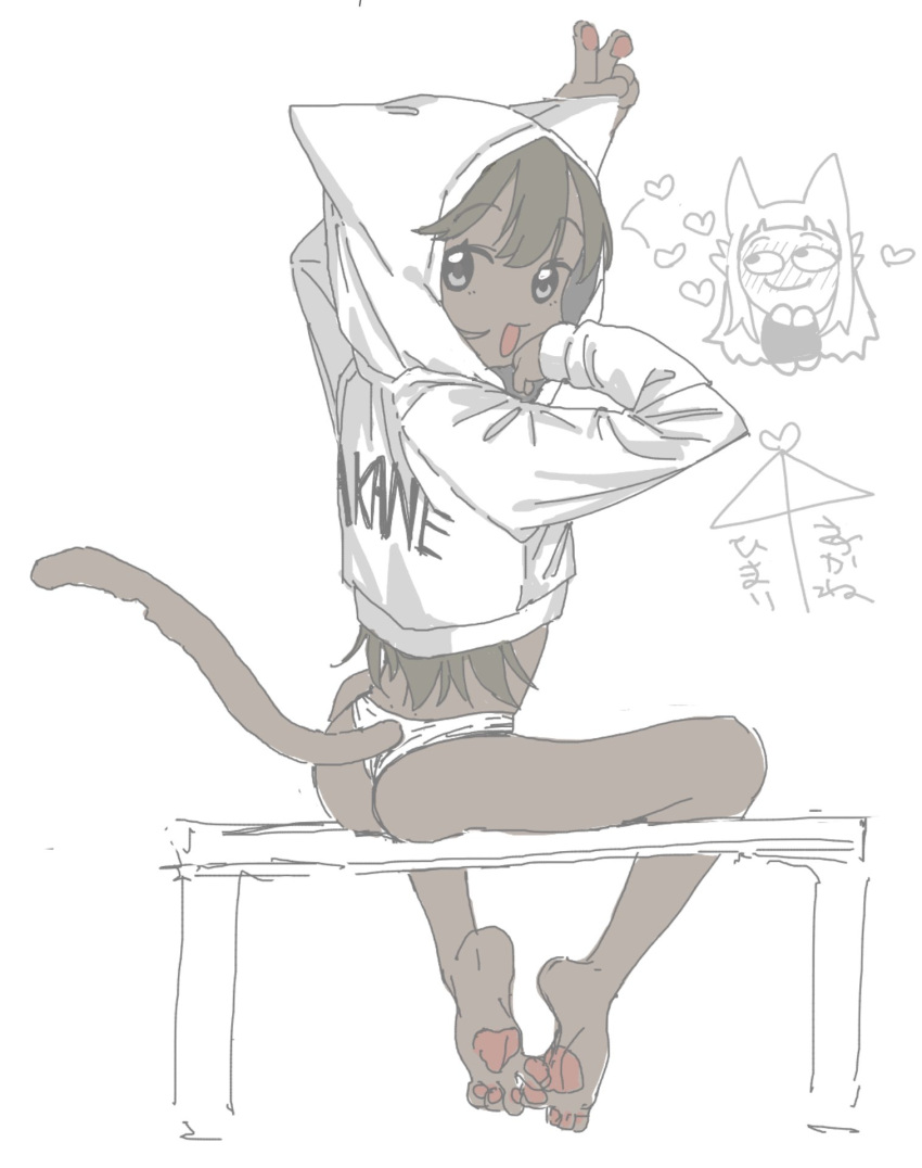 1girl 3yo4yo5yo akane_(3yo4yo5yo) animal_ears animal_hands ass black_eyes black_hair cat_ears cat_girl cat_paws cat_tail highres hood hoodie long_hair original panties pawpads simple_background sketch tail underwear white_background