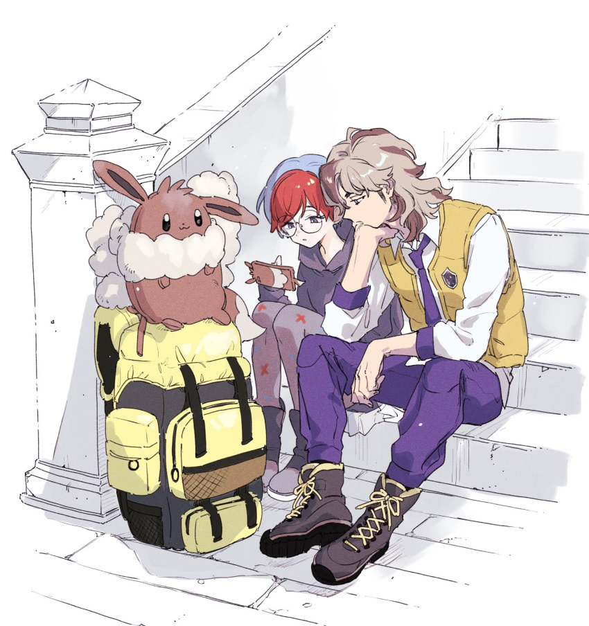 1boy 1girl arven_(pokemon) backpack bag blue_hair brown_background brown_hair character_backpack e_aasq eevee glasses highres hood hoodie light_brown_hair long_hair multicolored_hair necktie on_stairs outdoors pants pantyhose penny_(pokemon) pokemon pokemon_sv purple_necktie purple_pants red_hair rotom rotom_phone round_eyewear school_uniform short_hair sitting sitting_on_stairs stairs two-tone_hair uva_academy_school_uniform vest yellow_bag yellow_vest