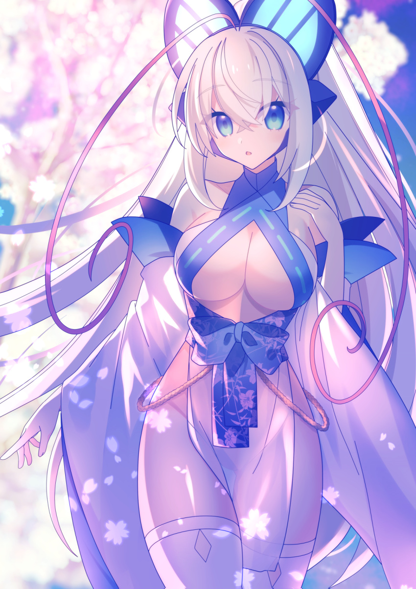 1girl alternate_costume antenna_hair azure_striker_gunvolt bare_hips bare_shoulders blonde_hair blue_eyes blue_sash blurry blurry_background breasts cherry_blossoms cleavage cowboy_shot detached_sleeves dress falling_petals floral_print halter_dress halterneck highres large_breasts lololotton long_hair long_sleeves looking_at_viewer lotus_print lumen_(gunvolt) multicolored_hair petals pink_hair print_sash revealing_clothes sash solo thighhighs very_long_hair white_dress white_sleeves white_thighhighs wide_sleeves