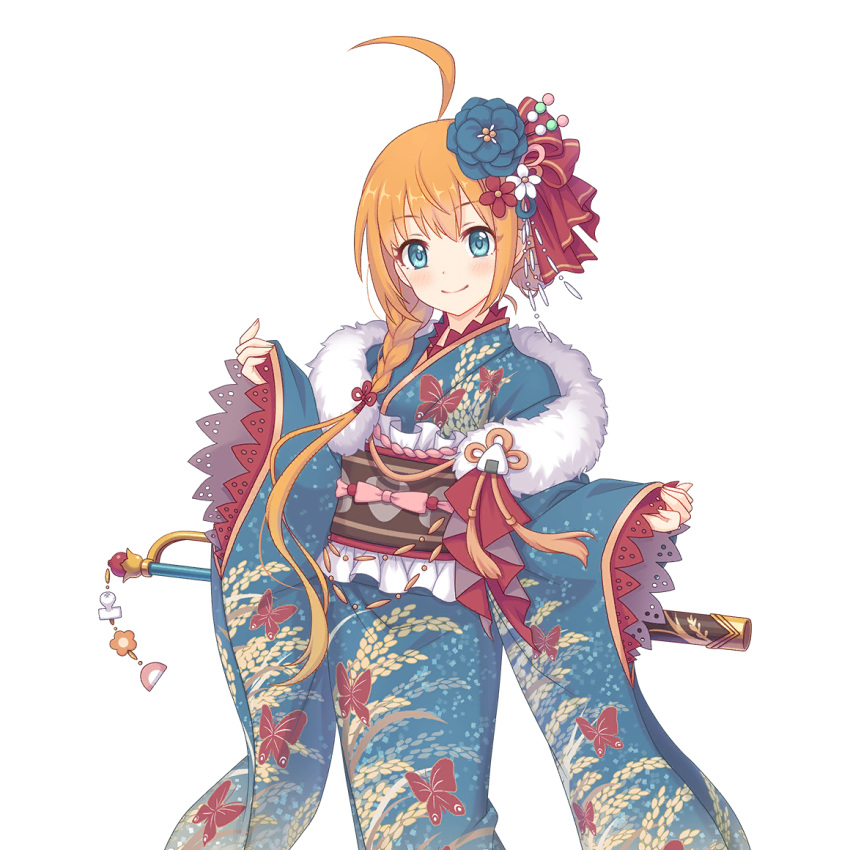 1girl ahoge animal_print blue_eyes blue_flower blue_kimono braid brown_sash butterfly_print closed_mouth flower frilled_sash fur-trimmed_kimono fur_trim furisode hair_bun hair_flower hair_ornament hair_ribbon japanese_clothes kimono long_hair long_sleeves looking_at_viewer obi official_art onigiri_ornament orange_hair pecorine_(new_year)_(princess_connect!) pecorine_(princess_connect!) princess_connect! print_kimono red_ribbon ribbon sash side_braid sidelocks single_side_bun sleeves_past_wrists smile solo transparent_background weapon weapon_on_back wheat_print wide_sleeves