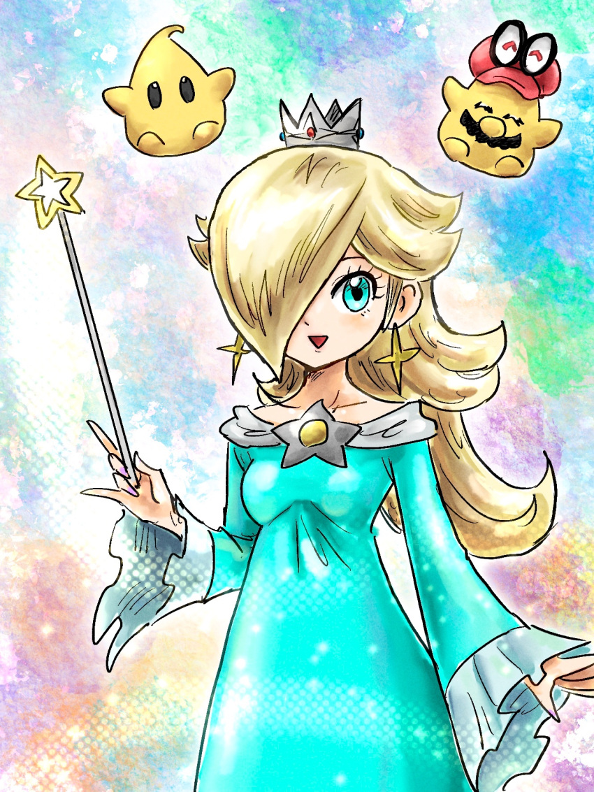 1boy 1girl :d blonde_hair blue_dress brooch cappy_(mario) crown dress earrings eyelashes facial_hair hair_over_one_eye highres holding holding_wand jewelry kicdon long_bangs long_hair long_sleeves looking_at_viewer luma_(mario) mario mario_(series) mustache open_mouth purple_nails red_hat rosalina smile star_(symbol) star_brooch star_earrings super_mario_galaxy super_mario_odyssey wand