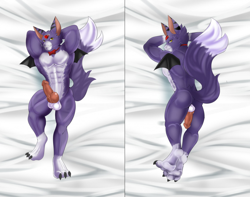 abs anthro balls bandai_namco bedding bedding_background butt checkhoff claws dakimakura_design dakimakura_pose digimon digimon_(species) dorumon dragon erection fur furred_dragon genitals hi_res knot male muscular muscular_anthro muscular_male mythological_creature mythological_scalie mythology pecs penis purple_body purple_fur scalie solo wings x-digimon