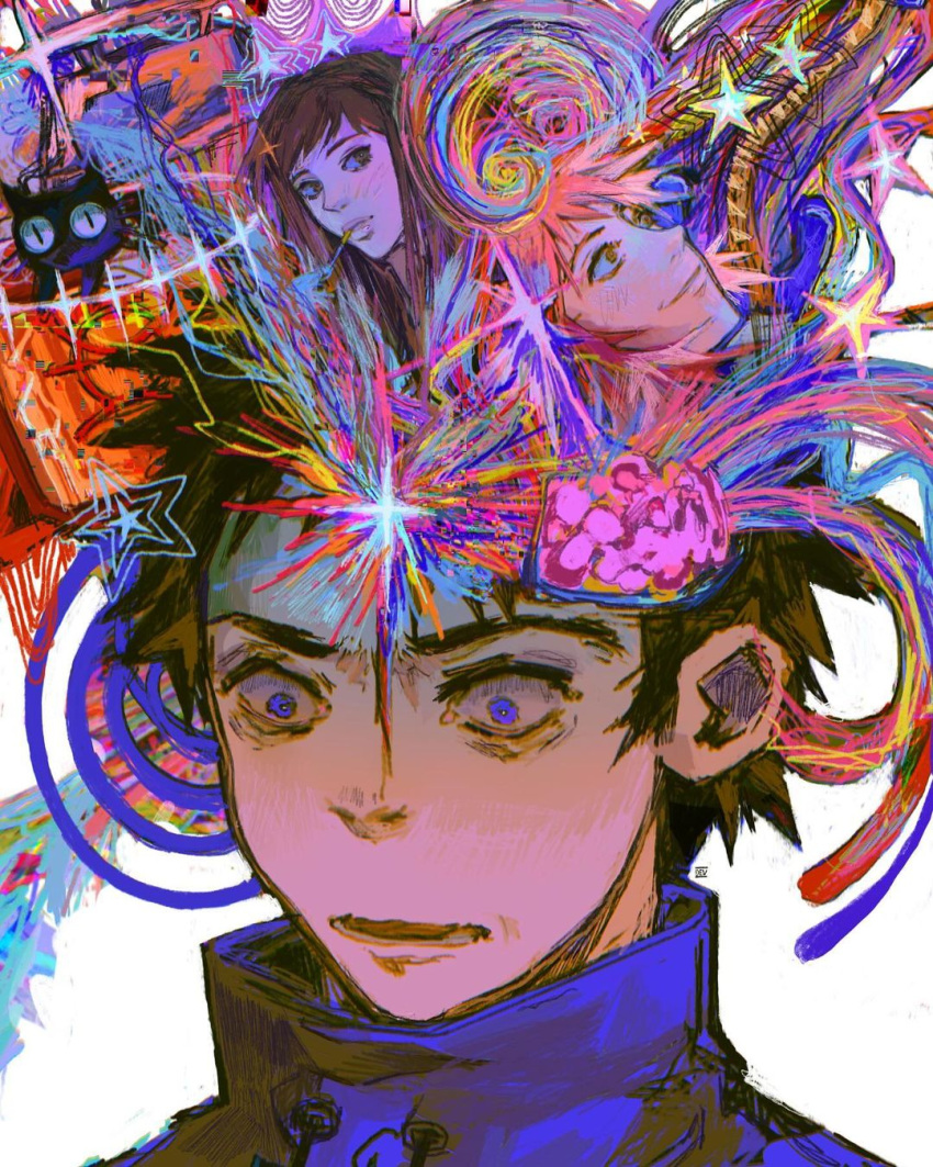 abstract blue_jacket brown_hair canti cat colorful dev_c exposed_brain flcl haruhara_haruko highres jacket nandaba_naota open_mouth pink_hair samejima_mamimi smoking star_(symbol) surprised takkun_(flcl) wide-eyed