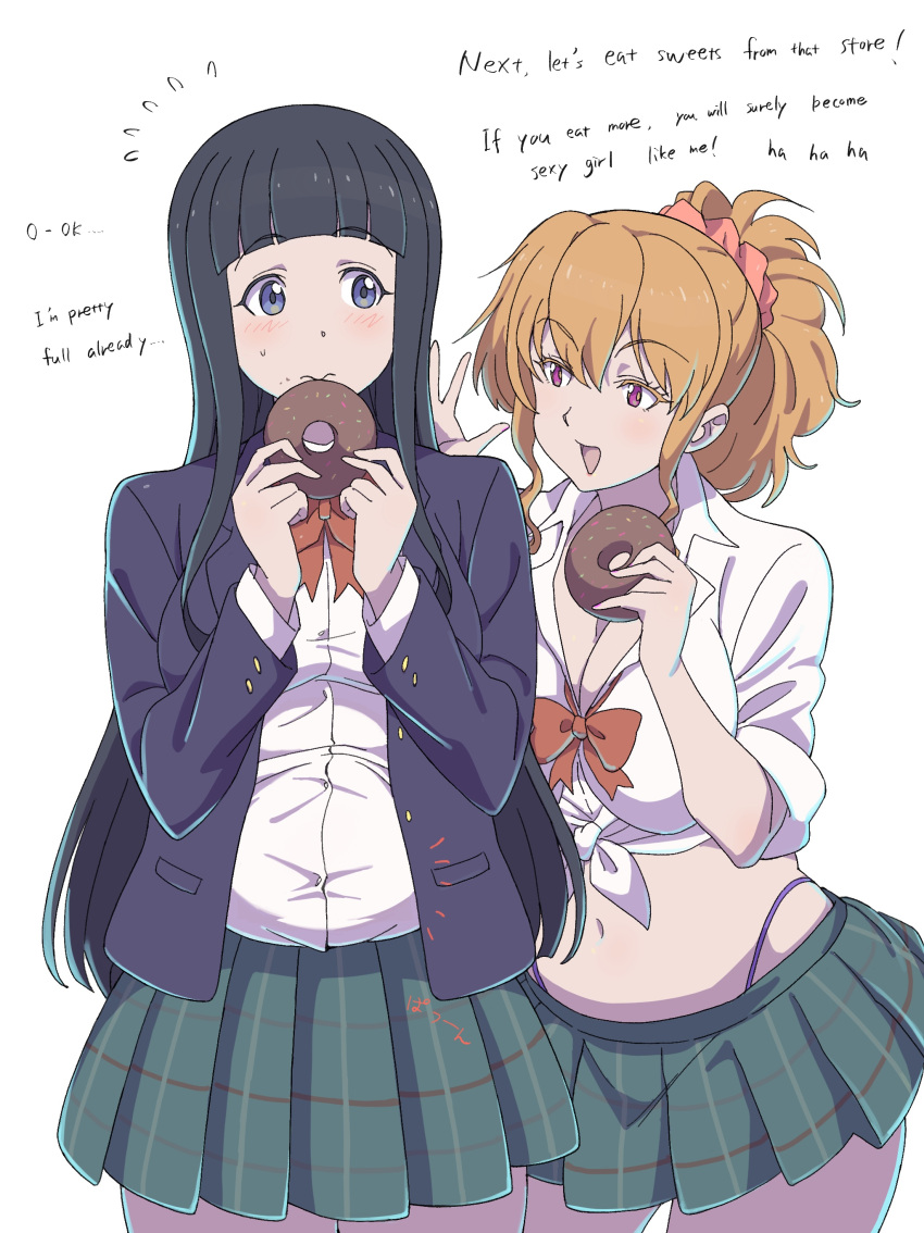 ! ... 2girls absurdres blunt_bangs blush breasts buttons cleavage closed_mouth commentary_request cowboy_shot crumbs dot_nose english_text food food_on_face green_skirt hair_between_eyes highres holding holding_doughnut jaggy_lines karaage53ko large_breasts long_hair long_sleeves looking_at_another looking_to_the_side multiple_girls navel notice_lines open_hand open_mouth original pink_eyes pleated_skirt ponytail short_sleeves sidelocks simple_background skirt spoken_ellipsis spoken_exclamation_mark straight-on sweatdrop talking tareme white_background