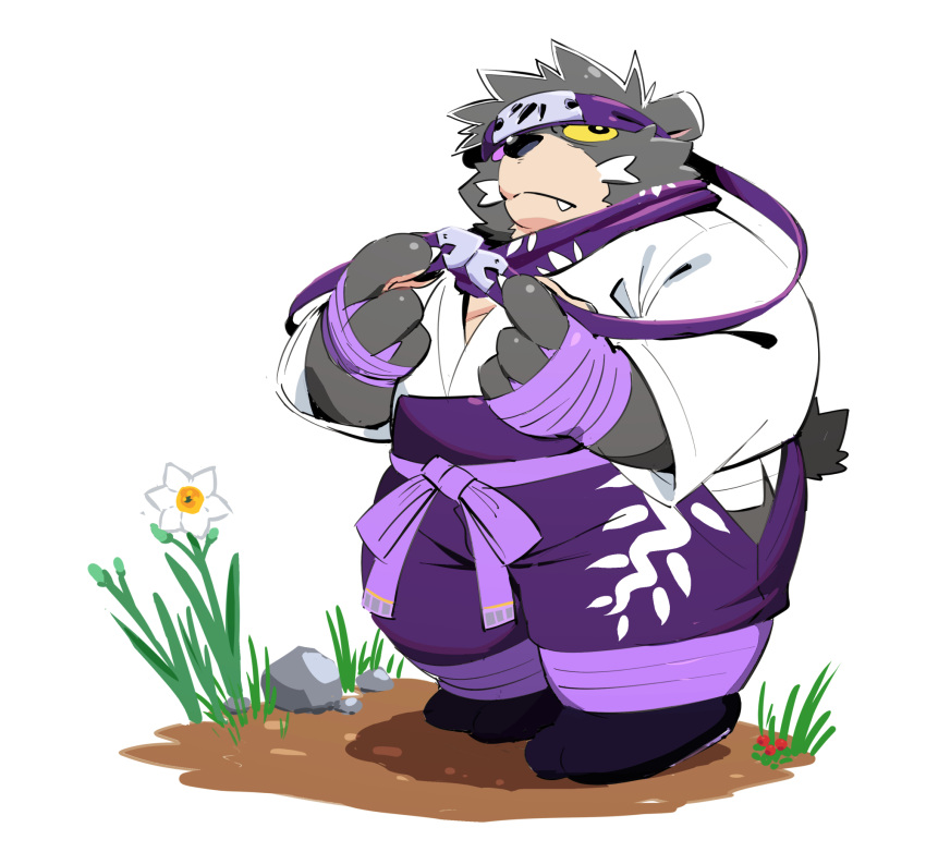 2024 anthro bear black_body black_nose clothed clothing cute_fangs flower gokrakstyle hi_res kemono male mammal ninja ooe_senbee overweight overweight_male plant sengoku_puzzle solo warrior