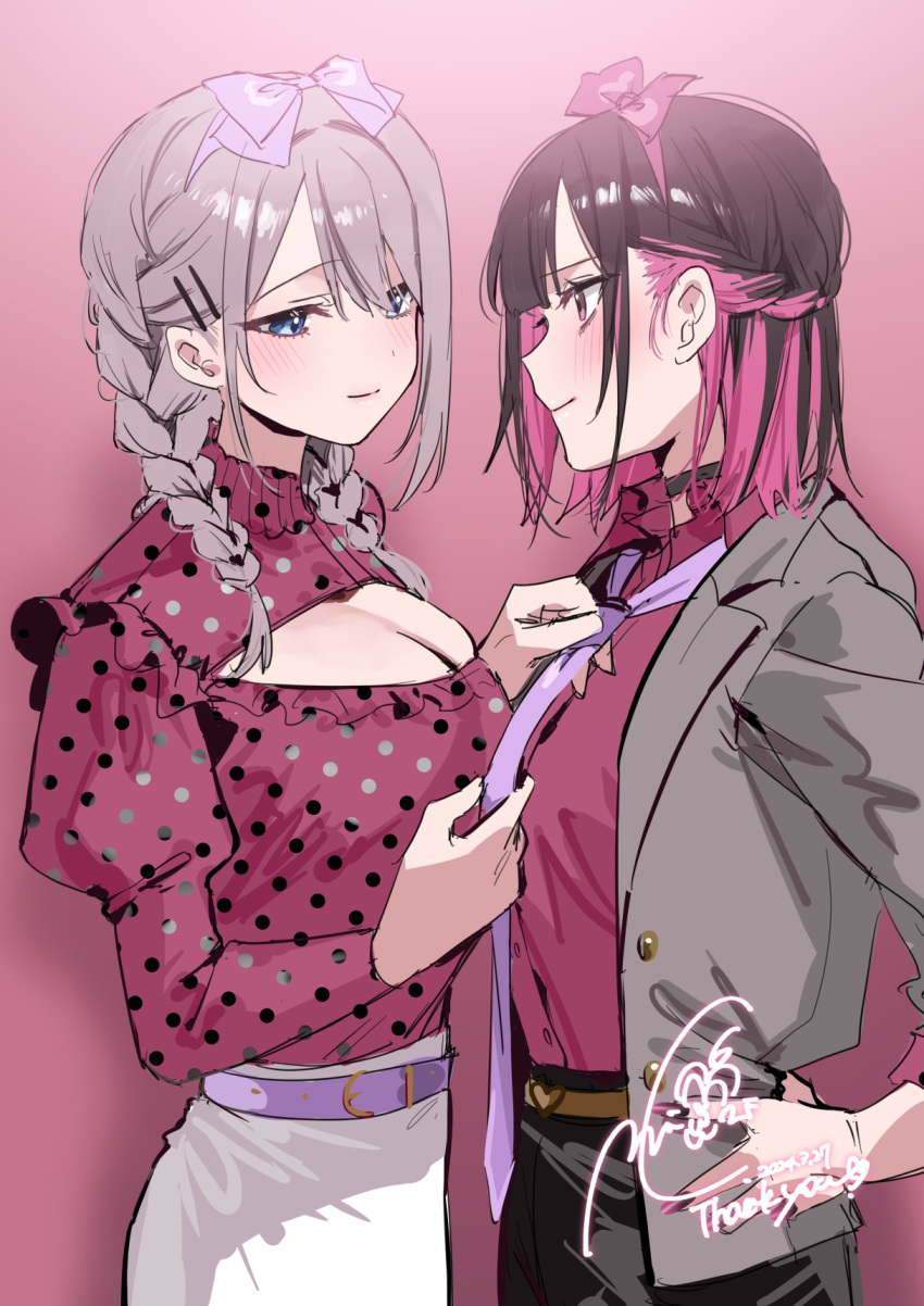 2girls belt black_choker black_hair black_nails blue_eyes blush bow braid breasts chigusa_minori choker cleavage_cutout closed_mouth clothing_cutout collared_shirt colored_inner_hair cowboy_shot dated dress_shirt french_braid gradient_background gradient_nails grey_hair grey_jacket hair_between_eyes hair_bow hair_ornament hairclip half_updo hand_on_own_hip highres jacket juliet_sleeves large_breasts long_hair long_sleeves looking_at_another multicolored_hair multiple_girls nail_polish open_clothes open_jacket puffy_sleeves purple_background purple_belt purple_bow purple_eyes purple_hair purple_nails purple_shirt saotome_shino_(shino_to_ren) shino_to_ren shirayuki_ren shirt short_hair signature skirt twin_braids tying_necktie unmoving_pattern white_skirt