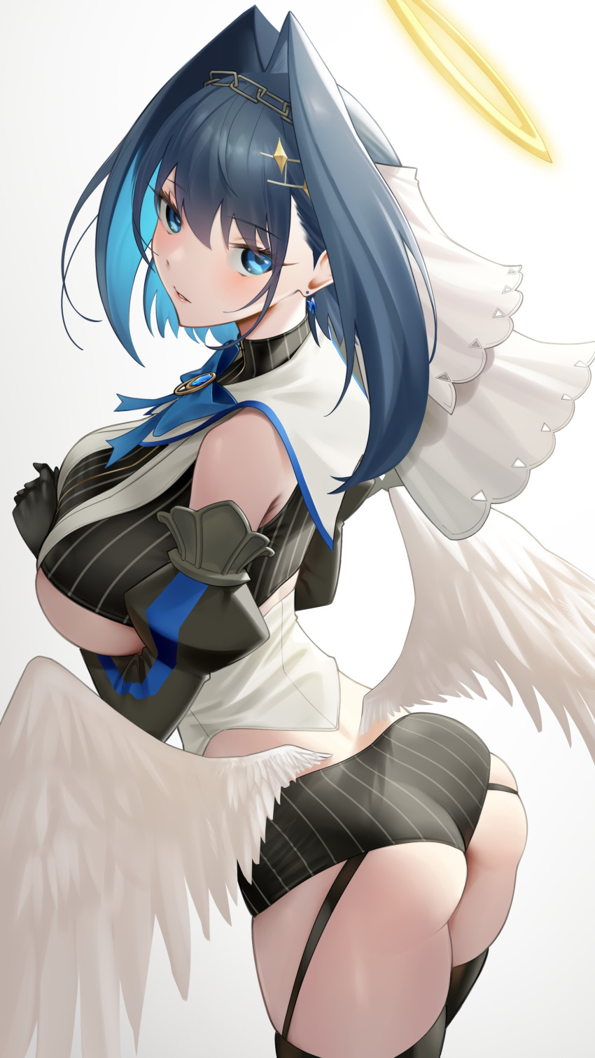 1girl absurdres angel_wings ass bare_shoulders black_hair black_panties black_thighhighs blue_eyes blush bow bow_earrings bowtie breasts chain_headband clothing_cutout detached_sleeves earrings garter_straps hair_intakes halo highres hololive hololive_english jewelry large_breasts looking_at_viewer medium_hair ouro_kronii panties parted_lips solo somebody_(leiking00) thighhighs underboob_cutout underwear veil virtual_youtuber wings