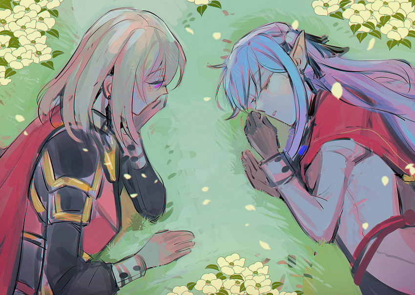 2girls bang_dream! bang_dream!_it's_mygo!!!!! black_gloves black_jacket blonde_hair blue_hair cape closed_eyes commentary earrings flower gloves grass highres jacket jewelry long_hair long_sleeves looking_at_another maybecrosswise medium_hair misumi_uika multiple_girls on_ground outdoors parted_lips purple_eyes red_cape sleeping togawa_sakiko upper_body white_jacket