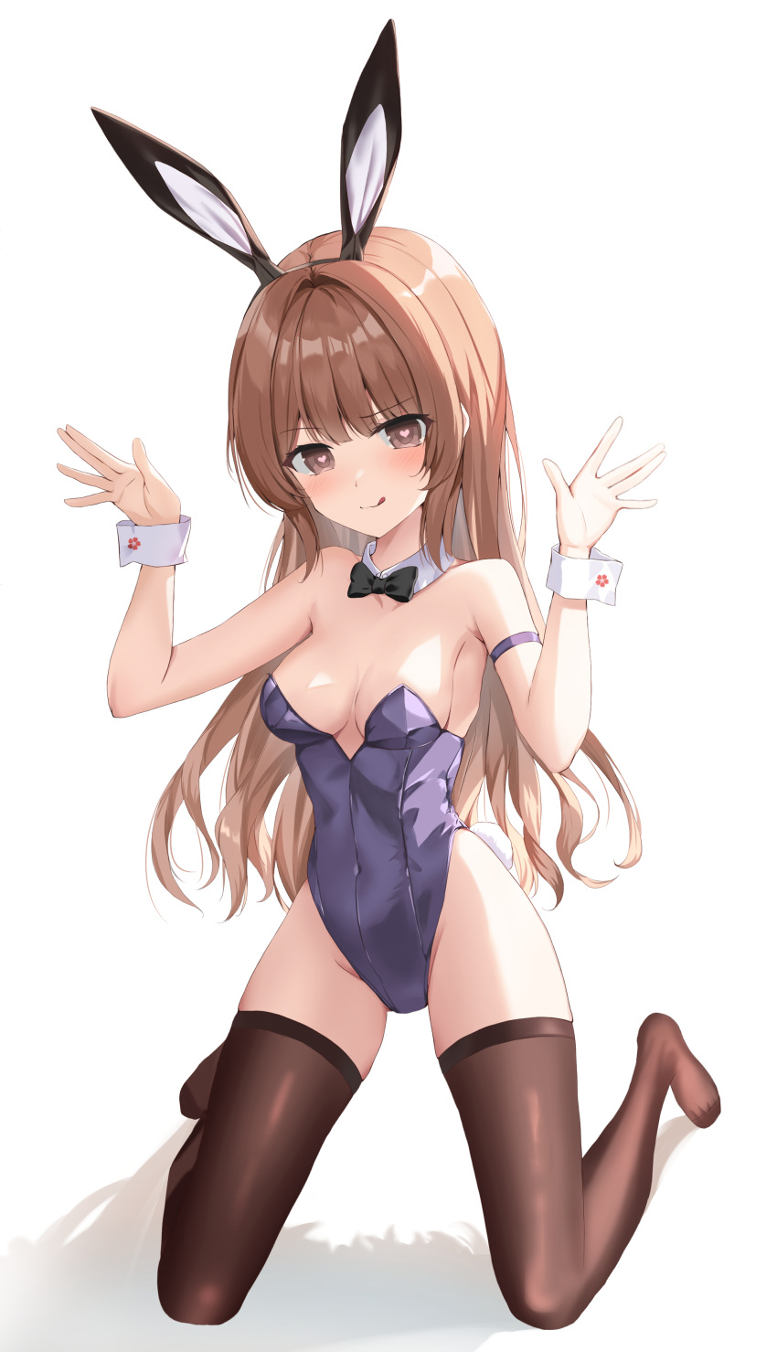 1girl absurdres animal_ears armband black_bow black_bowtie black_thighhighs bow bowtie breasts brown_eyes cleavage covered_navel detached_collar grey_leotard heart heart-shaped_pupils highres kukeylove leotard light_brown_hair long_hair looking_at_viewer medium_breasts original playboy_bunny rabbit_ears rabbit_pose rabbit_tail simple_background solo strapless strapless_leotard symbol-shaped_pupils tail thighhighs tongue tongue_out white_background wrist_cuffs