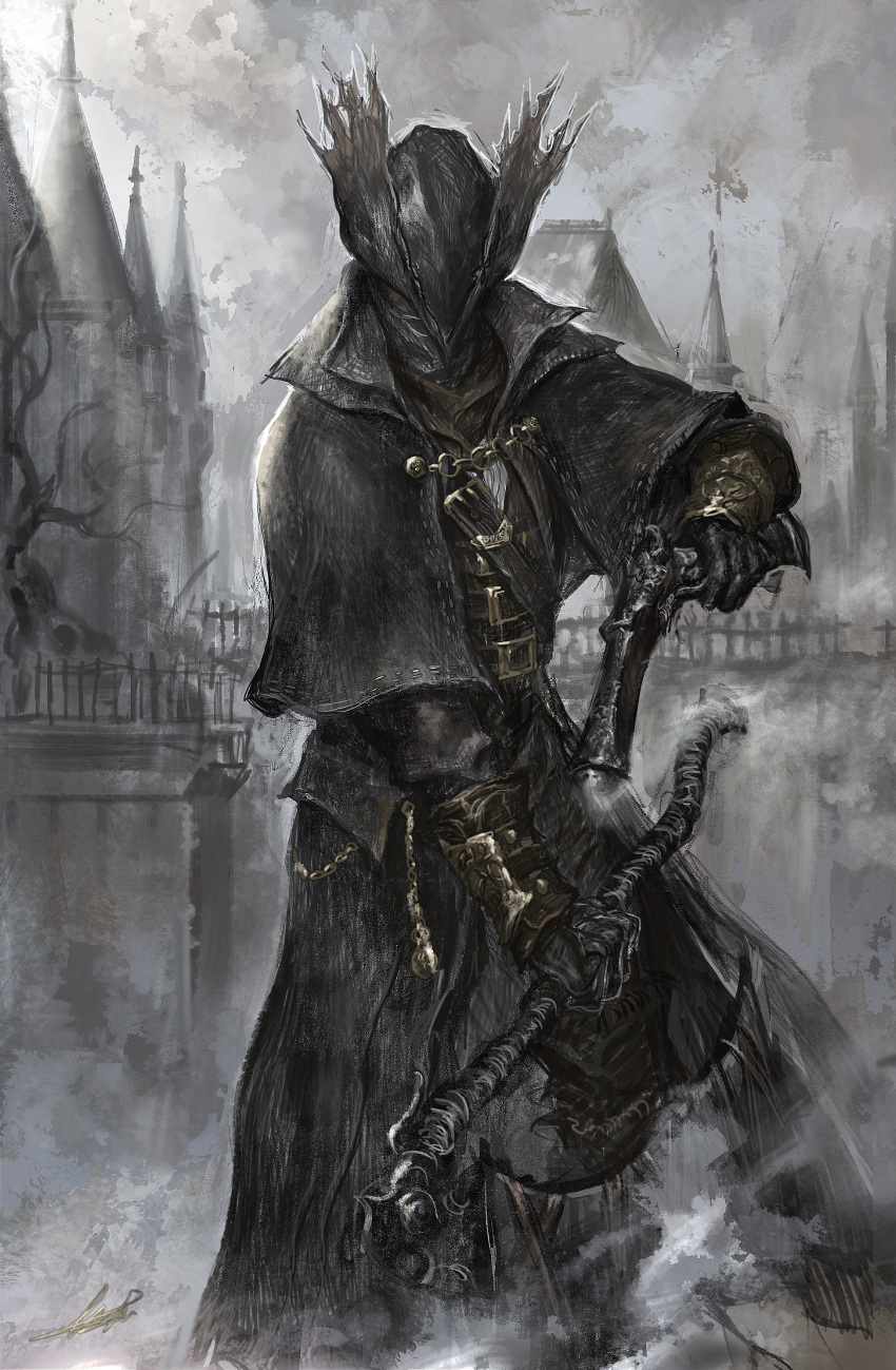 1other absurdres ambiguous_gender black_capelet black_coat black_hat bloodborne building capelet coat commentary grey_sky gun handgun hat highres holding holding_weapon hunter_(bloodborne) junjiuk mask mouth_mask outdoors saw saw_cleaver signature sky smoke tricorne weapon