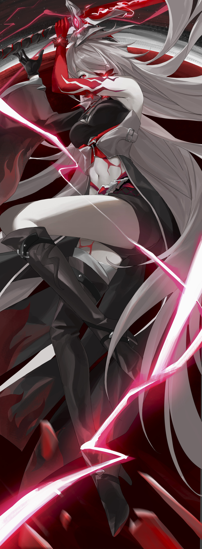 1girl absurdres acheron_(honkai:_star_rail) black_footwear black_gloves black_shorts boots breasts coat commentary gloves gosmfl grey_hair hair_over_one_eye high_heel_boots high_heels highres holding holding_sword holding_weapon honkai:_star_rail honkai_(series) incredibly_absurdres katana looking_at_viewer medium_breasts midriff navel official_alternate_color red_eyes short_shorts shorts single_bare_shoulder solo stomach sword thighs weapon